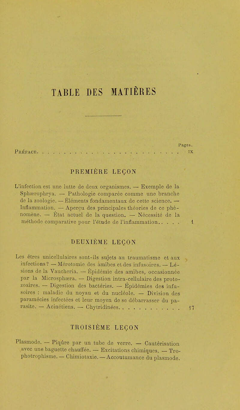 TABLE DES MATIÈRES p Préface PREMIÈRE LEÇON L'infection est nne lutte de doux organismes. — Exemple de la Sphferophrya. — Pathologie comparée comme une branche de la zoologie. —Éléments fondamentaux de cette science. — Inflammation. — Aperçu des principales théories de ce phé- nomène. — État actuel do la question. — Nécessité de la méthode comparative pour l'étude de l'inflammation DEUXIÈME LEÇON Les êtres unicellulaires sont-ils sujets au traumatisme et aux infections? — Mérotomic des amibes et des infusoires. — Lé- sions de la Vauchcria. — Épidémie des amibes, occasionnée par la Microsphrera. — Digestion intra-cellulaire des proto- zoaires. — Digestion des bactéries. — Épidémies des infu- soires : maladie du noyau et du nucléole. — Division des paramécies infectées et leur moyen do se débarrasser du pa- rasite. — Acinétiens. —> Chytridinées TROISIÈME LEÇON Plasmodc. — Piqûre par un tube do verre. — Cautérisation ,avec une baguette chaufl'ée. — Excitations chimiques. — Tro- photrophisme. — Chimiotaxie. — Accoutumance du plasmode.