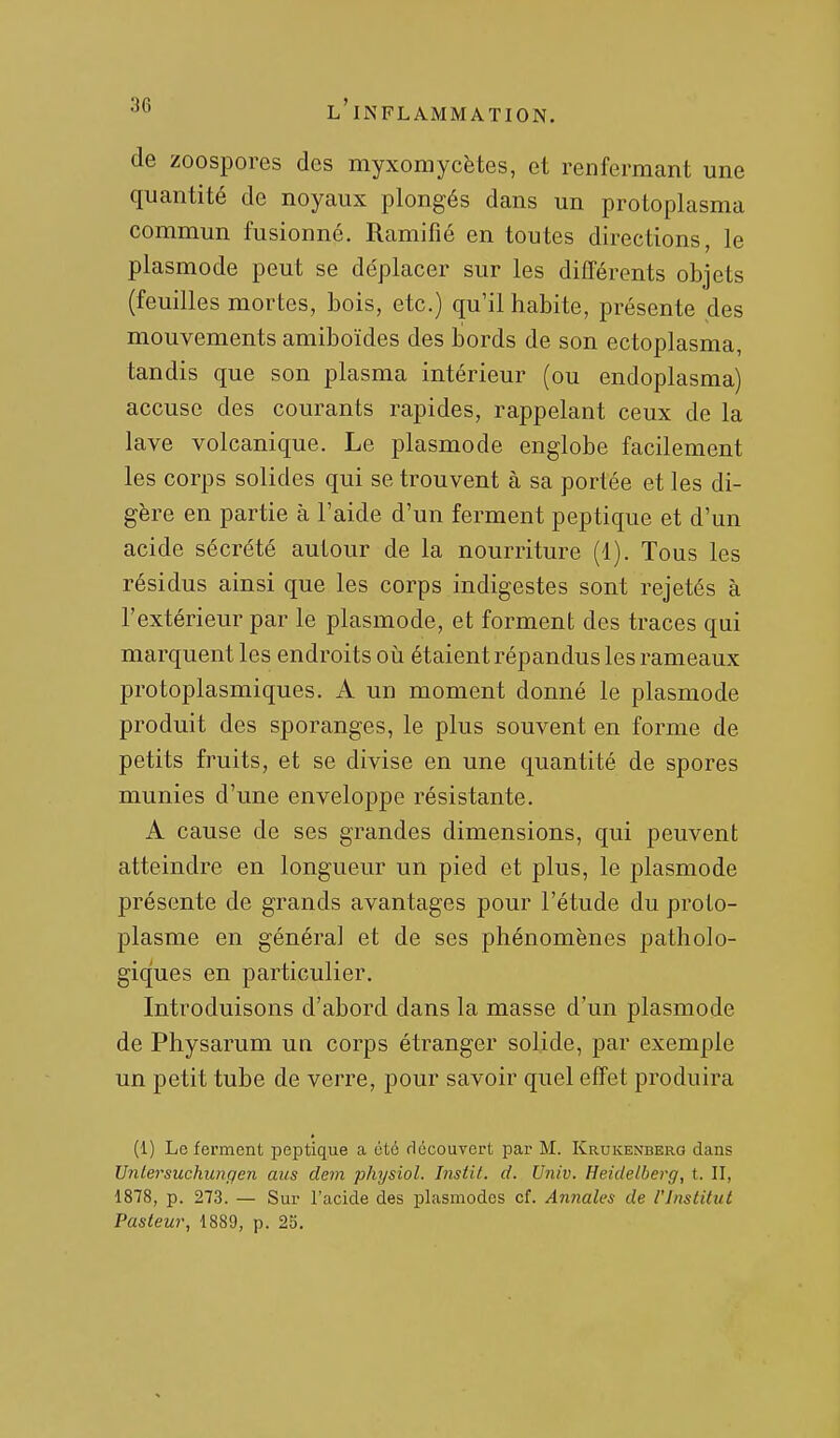 de zoospores des myxomycètes, et renfermant une quantité de noyaux plongés dans un protoplasma commun fusionné. Ramifié en toutes directions, le plasmode peut se de'placer sur les différents objets (feuilles mortes, bois, etc.) qu'il habite, présente des mouvements amiboïdes des bords de son ectoplasma, tandis que son plasma intérieur (ou endoplasma) accuse des courants rapides, rappelant ceux de la lave volcanique. Le plasmode englobe facilement les corps solides qui se trouvent à sa portée et les di- gère en partie à l'aide d'un ferment peptique et d'un acide sécrété autour de la nourriture (1). Tous les résidus ainsi que les corps indigestes sont rejetés à l'extérieur par le plasmode, et forment des traces qui marquent les endroits oii étaient répandus les rameaux protoplasmiques. A un moment donné le plasmode produit des sporanges, le plus souvent en forme de petits fruits, et se divise en une quantité de spores munies d'une enveloppe résistante. A cause de ses grandes dimensions, qui peuvent atteindre en longueur un pied et plus, le plasmode présente de grands avantages pour l'étude du proto- plasme en généra] et de ses phénomènes patholo- giques en particulier. Introduisons d'abord dans la masse d'un plasmode de Physarum ua corps étranger solide, par exemple un petit tube de verre, pour savoir quel effet produira * (1) Le ferment pejDtique a été rlécouvert par M. Krukenberg dans Unlersuchungen ans dein physiol. Instit. d. Univ. Heidelberg, t. II, 1878, p. 273. — Sur l'acide des plasmodes cf. Annales de l'Institut Pasteur, 1889, p. 25.