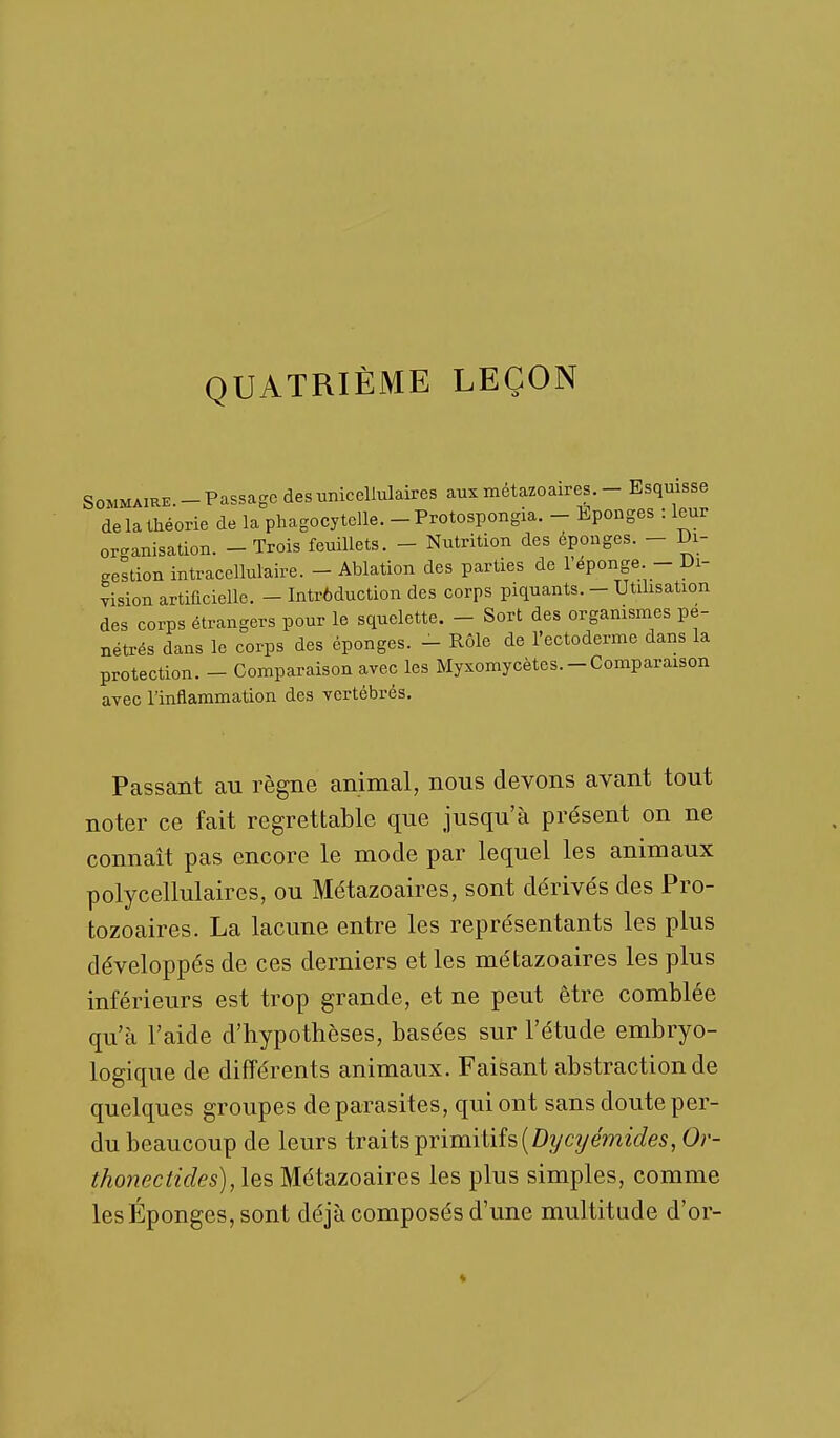 QUATRIÈME LEÇON Sommaire.-Passage desunicellulaires aux métazoaires. - Esquisse de la théorie de la phagocytelle. -Protospongia. - Eponges : leur organisation. - Trois feuillets. - Nutrition des éponges. - Di- gestion intracellulaire. - Ablation des parties de l'éponge - Di- Tision artificielle. - Intrôduction des corps piquants. - Utilisation des corps étrangers pour le squelette. - Sort des orgamsmes pé- nétrés dans le corps des éponges. - Rôle de l'ectoderme dans la protection. - Comparaison avec les Myxomycètes. - Comparaison avec l'inflammation des Ycrtébrés. Passant au règne animal, nous devons avant tout noter ce fait regrettable que jusqu'à présent on ne connaît pas encore le mode par lequel les animaux polycellulaires, ou Métazoaires, sont dérivés des Pro- tozoaires. La lacune entre les représentants les plus développés de ces derniers et les métazoaires les plus inférieurs est trop grande, et ne peut être comblée qu'à l'aide d'hypothèses, basées sur l'étude embryo- logique de différents animaux. Faisant abstraction de quelques groupes de parasites, qui ont sans doute per- du beaucoup de leurs traits primitifs (DycyemzV/es, Or- thonectides), les Métazoaires les plus simples, comme les Éponges, sont déjà composés d'une multitude d'or-