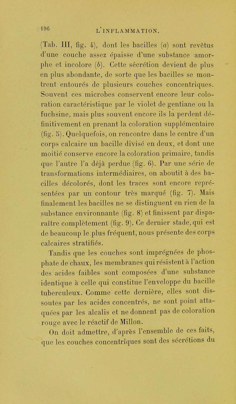 (Tab. III, fig. 4), dont les bacilles [a] sont revêtus d'une couche assez épaisse d'une substance amor- phe et incolore (6). Cette sécrétion devient de plus en plus abondante, de sorte que les bacilles se mon- trent entourés de plusieurs couches concentriques. Souvent ces microbes conservent encore leur colo- ration caractéristique par le violet de gentiane ou la fuchsine, mais plus souvent encore ils la perdent dé- finitivement en prenant la coloration supplémentaire (fig. 5). Quelquefois, on rencontre dans le centre d'un corps calcaire un bacille divisé en deux, et dont une moitié conserve encore la coloration primaire, tandis que l'autre l'a déjà perdue (fig. 6). Par une série de transformations intermédiaires, on aboutit à des ba- cilles décolorés, dont les traces sont encore repré- sentées par un contour très marqué (fig. 7). Mais finalement les bacilles ne se distinguent en rien de la substance environnante (fig. 8) et finissent par dispa- raître complètement (fig. 9). Ce dernier stade, qui est de beaucoup le plus fréquent, nous présente des corps calcaires stratifiés. Tandis que les couches sont imprégnées de phos- phate de chaux, les membranes qui résistent à l'action des acides faibles sont composées d'une substance identique à celle qui constitue l'enveloppe du bacille tuberculeux. Comme cette dernière, elles sont dis- soutes par les acides concentrés, ne sont point atta- quées par les alcalis et ne donnent pas de coloration rouge avec le réactif de Millon. On doit admettre, d'après l'ensemble de ces faits, que les couches concentriques sont des sécrétions du