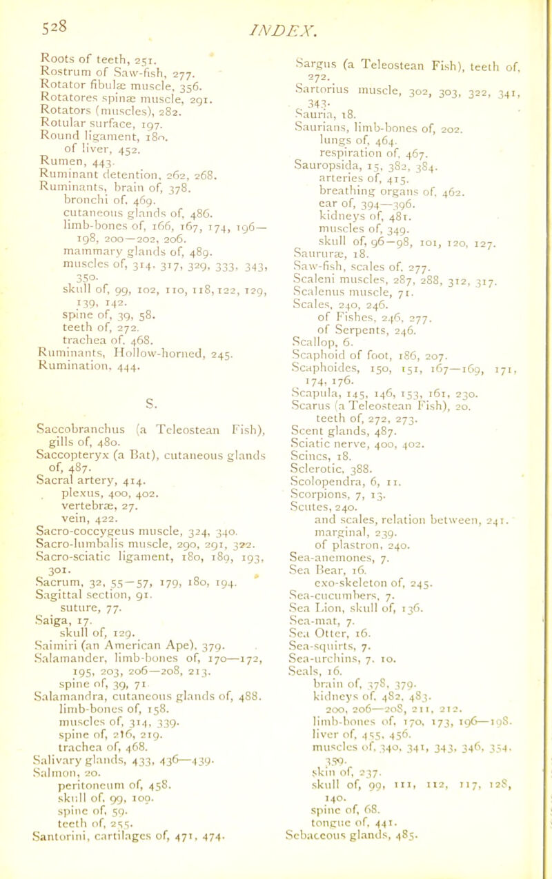 Roots of teeth, 251. * Rostrum of Saw-fish, 277. Rotator fibula; muscle, 356. Rotatores spiiise muscle, 2gi. Rotators (muscles), 282. Rotular surface, 197. Round ligament, iSn. of liver. 452. Rumen, 44-;. Ruminant detention. 262, 26S. Ruminants, brain of, 378. bronchi of. 469. cutaneous glands of 486. limb-bones of, 166, 167, 174, 796— 198, 200—202, 206. mammary glands of, 489. muscles of, 314. 317, 329, 333. 343, 350. skull of, 99, 102, no, 118,122, 129, 139, 142. spine of, 39, 58. teeth of, 272. trachea of. 46S. Ruminants, Hollow-horned, 245. Rumination. 444. S. Saccobranchus (a Teleostean Fish), gills of, 480. Saccopteryx (a Bat), cutaneous glands of, 487. Sacral artery, 414. ple.vus. 400. 402. vertebrae, 27. vein, 422. Sacro-coccygeus muscle, 324, 340. Sacro-lumbalis muscle, 290, 291, 372. Sacro-sciatic ligament, iSo, 189, 193, 301. .Sacrum, 32, 55 — 57, 179, iSo, 194. S.agittal section, 91. suture, 77. Saiga, 17. skull of, 129. Saimiri (an American Ape). 379. •Salamander, limb-bones of, 170—172, 195, 203, 206—208, 213. spine of, 39, 71 Salamandra, cutaneous glands of, 4S8. linib-boncs of, 158. muscles of, 3:4, 339. spine of, 2t6, 219. trachea of, 468. Sali%'ary glands, 433, 436—439. Salmon, 20. peritoneum of, 458. .skull of. 99, 100. spine of, 59. teeth of, 255. Santorini, cartilages of, 471. 474. Sargus (a Teleostean Fish), teeth of. 272. Sartorius muscle, 302, 303, 322. 541 34.-?- .Sauria, i8. Saurians, limb-bones of, 202. lungs of, 464. respiration of. 467. Sauropsida, 15, 382, 3S4. arteries of, 415. breathing organs of 462. ear of, 394—396. kidneys of. 481. muscles of. 349. skull of, 96 — 98, 101, 120, 127. .Sainura;, 18. .Saw-fish, scales of 277. Scaleni muscles. 287, 288, 312. 317. Scalenus muscle, 71. Scales. 240. 246. of Fishes. 2.f6. 277. of Serpents, 246. .Scallop, 6. Scaphoid of foot, 186, 207. Scaphoides, 150, 151, 167—169, 171. 174, 176. Scapula, 145, 146, 153, i6t, 230. .Scarus (a Teleostean Fish), 20. teeth of, 272, 273. Scent glands, 487. Sciatic nerve, 400. 402. Seines, 18. Sclerotic. 388. Scolopendra, 6, 11. .Scorpions. 7, 13. -Scutes, 240. and scales, relation between, 241. marginal, 239. of plastron, 240. Sea-aneinones, 7. .Sea Bear. 16. cxo-skelcton of, 245. Sea-cucumhers. 7. .Sea Lion, skidl of, 136. .Sea-mat, 7. Se.i Oiler. 16. Sea-squirts. 7. Sea-urchins, 7. 10. .Seals, 16. bniin of, 37S, 379. kidneys of 482. 483. 200, 206—20S, 211. 212. limb-bones of. T70. 173, 196—loS. liver of 455. 456. muscles of 340. 341, 343. 346. 354. 359- skin of 237. skull of, 09, lilt 112, 117, 12S, 140. spine of 68. tongue of. 441. Sebaceous glands, 485.