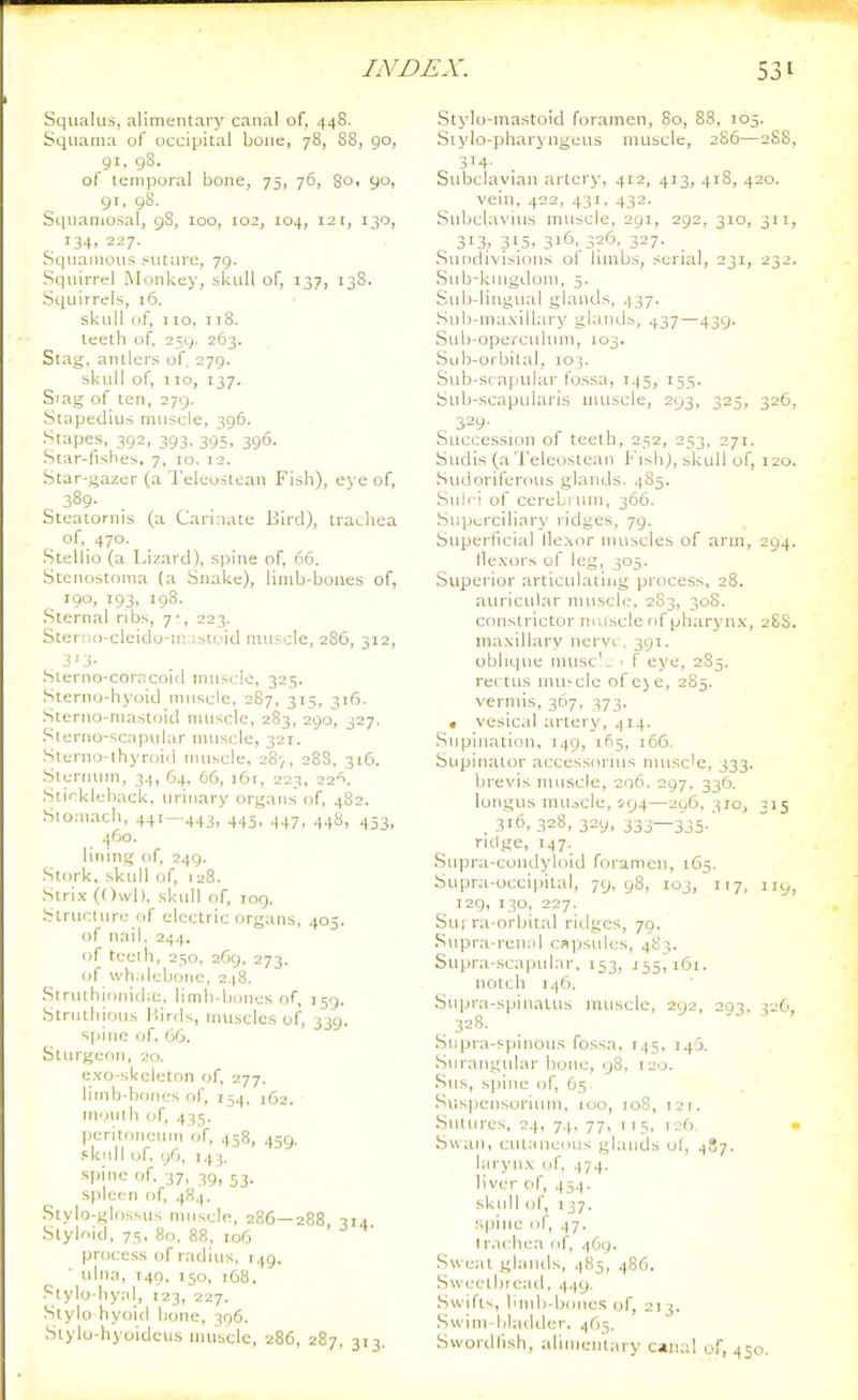 Squalus, alimentary canal of, 448. Squama of occipital bone, 78, 88, 90, 91. gS- of temporal bone, 75, 76, 8O1 9o» 91, 98. SL|naniosal, 98, 100, 102, 104, 121, 130, 134, 227. Squanious suture, 79. Squirrel Monkey, skull of, 137, 138. Squirrels, 16. skull of, I to, 118. teeth of, 259. 263. Stag, antlers of, 279. skull of, 110, 137. S'ag oi ten, 279. Stapedius muscle, 396. Stapes, 392, 393, 395, 396. Star-fishes. 7, 10, 12. Star-gazer (a Telcostean Fish), eye of, . 389- Steatornis (a Cari uite Bird), trachea of, 470. Stellio (a Lizard), spine of, 66. Stenostoma (a Snake), limb-bones of, 190, 193, 198. Sternal ribs, y, 223. Steriio-cleido-m istoid mu5cle, 286, 312, 3' J- Sterno-coracoid muscle, 325. Sterno-hyoid muscle, 287, 315, 316. Sterno-mastoid muscle, 283, 290, 327. Sterno-scapular nuiscle, 321. Sicrno-thyroiil nuiscle, 28-,, 28S, 316. Sternum, 34, 64, 6G, i6t, 223, 226. Stickleback, urinary organs of 482. Sio.nach, 441—443, 445, .,47, .,48, 453, 460. lining of 249. Stork, skull of, 128. Strix (Owl), skull of, 109. Structure of electric organs, 405. of nail. 244. of teelh, 250, 2G9, 273. of wh.ilcbone, 248. Struihioniihe, limb-bones of, 159. Strnthious Hirds, muscles of, 339. spine of, 60. Sturgeon, 20. e.xo-skeletnn of 277. limb-bones of, 154, 162. • monlli of, 435. pcriloneiun of, 458, 459. .'knll of 96, 143. ■T'i'ic of. 37, 39, 53. spleen of, 484. Stylo-glossus nuiscle, 286—288, 314 Styloid, 75, 80, 88, 106 process of radius, r49. idiia, 749. 150, 168. .'^tylo-hyal, 123, 227. Stylo hyoid bone, 396. Siylo-hyoidcus muscle, 286, 287, 313. Stylo-raastoid foramen, 80, 88, 105. Siylo-pharyngeus muscle, 2S6—288, 374. Stibclavian artery, 412, 473, 478, 420. vein, 422, 437, 432. Stibclavius muscle, 291, 292, 370, 37 7, . 313, 315, 316.,3?6, 327. .Sundivisions ol limbs, serial, 237, 232. .Sub-kiugdom, 5. Sub-lingual glands, 437. Sub-ma.xiUarj' glands, 437—439. .Sub-operciduni, 103. Sub-orbital, 703. Sub-scapular fossa, 745, 755. Sub-scapularis muscle, 293, 325, 326, 329- Succession of teeth, 252, 253, 277. Sudis (aTeleostean Fish), skull of, 720. Sudoriferous glands. 485. Sulci of cerebiiun, 366. .Superciliary ridges, 79. Superlicial lle.\or muscles of ari77, 294. tie.xors of leg, 303. Superior articulating process, 28. auricular nuiscle, 2S3, 308. constrictor muscle of pharynx, 28S. maxillary nerve, 397. oblique nnisc', ' f eye, 2S5, rectus mu'cle nfcje, 285. vermis, 367, 373. • vesical ai'tery, 474. .Supination, 749, 765, 766. Supinator accessorius musc'e, 333. brevis muscle, 206. 297, 336. longus mu:>cle, 594—296, 310, 375 . 316, 328, 329, 333—335. rid.ge, 747. Supra-condyloid foramen, 765, Supra-occipital, 79,98, 103, 717, 779, 729, 730, 227. Sui ra-orbital rid,ges, 79. .Supra-renal capsules, 483. Supra-scapular, 153, 755,767. notch 746. Supra-spinatus muscle, 29-2, 293. 326, 328. .Snpr.a-spinous fossa, 745, 740. Suraiigular bone, 98, 720. .Sus, spine of, O5 .Suspcnsoviiim, 100, loS, 721. .Sutures, 2.^, 7,), 77, 115, i jfi • .Suan, cutaneous glands ol, 487. larynx of, 474. liver of, 454. skull of, 737. spine of, 47. tr.icht'.a of, 469. Sweat glaiuls, 485, 48G. Sweetbread, 449. .Swifts, Hinb-bcnies of, 213. .Swim-liladder. 465. Swordlish, aliiiiemary caiiul of, 450.