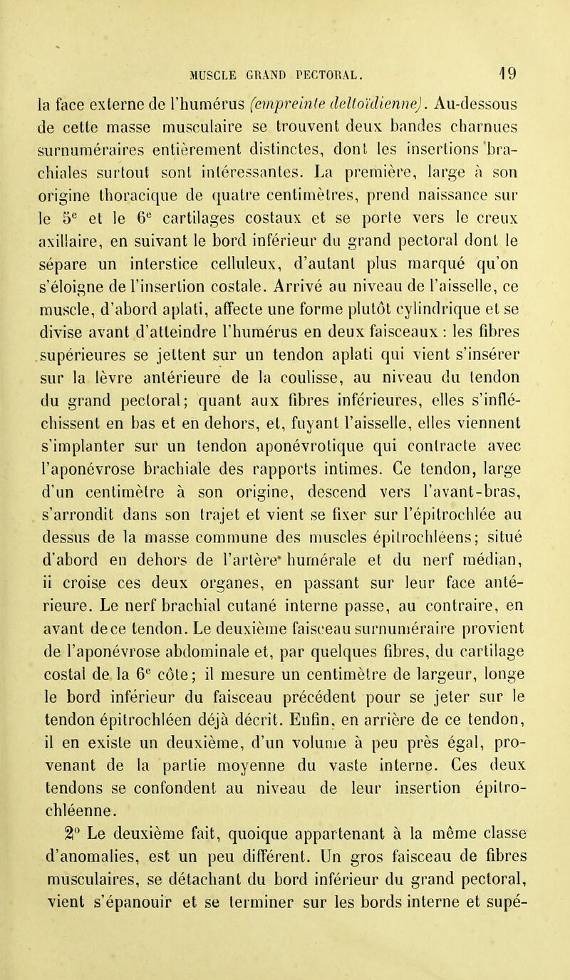 la face externe de l'humérus (empreinle ileltoïdienne). Au-dessous de cette masse musculaire se trouvent deux bandes charnues surnuméraires entièrement distinctes, dont les insertions'bra- chiales surtout sont intéressantes. La première, large à son origine thoracique de quatre centimètres, prend naissance sur le 5° et le 6*^ cartilages costaux et se porte vers le creux axillaire, en suivant le bord inférieur du grand pectoral dont le sépare un interstice celluleux, d'autant plus marqué qu'on s'éloigne de l'insertion costale. Arrivé au niveau de l'aisselle, ce muscle, d'abord aplati, affecte une forme plutôt cylindrique et se divise avant d'atteindre l'humérus en deux faisceaux : les fibres .supérieures se jettent sur un tendon aplati qui vient s'insérer sur la lèvre antérieure de la coulisse, au niveau du tendon du grand pectoral; quant aux fibres inférieures, elles s'inflé- chissent en bas et en dehors, et, fuyant l'aisselle, elles viennent s'implanter sur un tendon aponévrolique qui contracte avec l'aponévrose brachiale des rapports intimes. Ce tendon, large d'un centimètre à son origine, descend vers l'avant-bras, s'arrondit dans son trajet et vient se fixer sur l'épitrochlée au dessus de la masse commune des nuiscles épilrochléens ; situé d'abord en dehors de l'artère* hurnérale et du nerf médian, ii croise ces deux organes, en passant sur leur face anté- rieure. Le nerf brachial cutané interne passe, au contraire, en avant dece tendon. Le deuxième faisceau surnuméraire provient de l'aponévrose abdominale et, par quelques fibres, du cartilage costal de la G*' côte; il mesure un centimètre de largeur, longe le bord inférieur du faisceau précédent pour se jeter sur le tendon épitrochléen déjà décrit. Enfin, en arrière de ce tendon, il en existe un deuxième, d'un volume à peu près égal, pro- venant de la partie moyenne du vaste interne. Ces deux tendons se confondent au niveau de leur insertion épitro- chléenne. 2° Le deuxième fait, quoique appartenant à la même classe d'anomalies, est un peu différent. Un gros faisceau de fibres musculaires, se détachant du bord inférieur du grand pectoral, vient s'épanouir et se terminer sur les bords interne et supé-