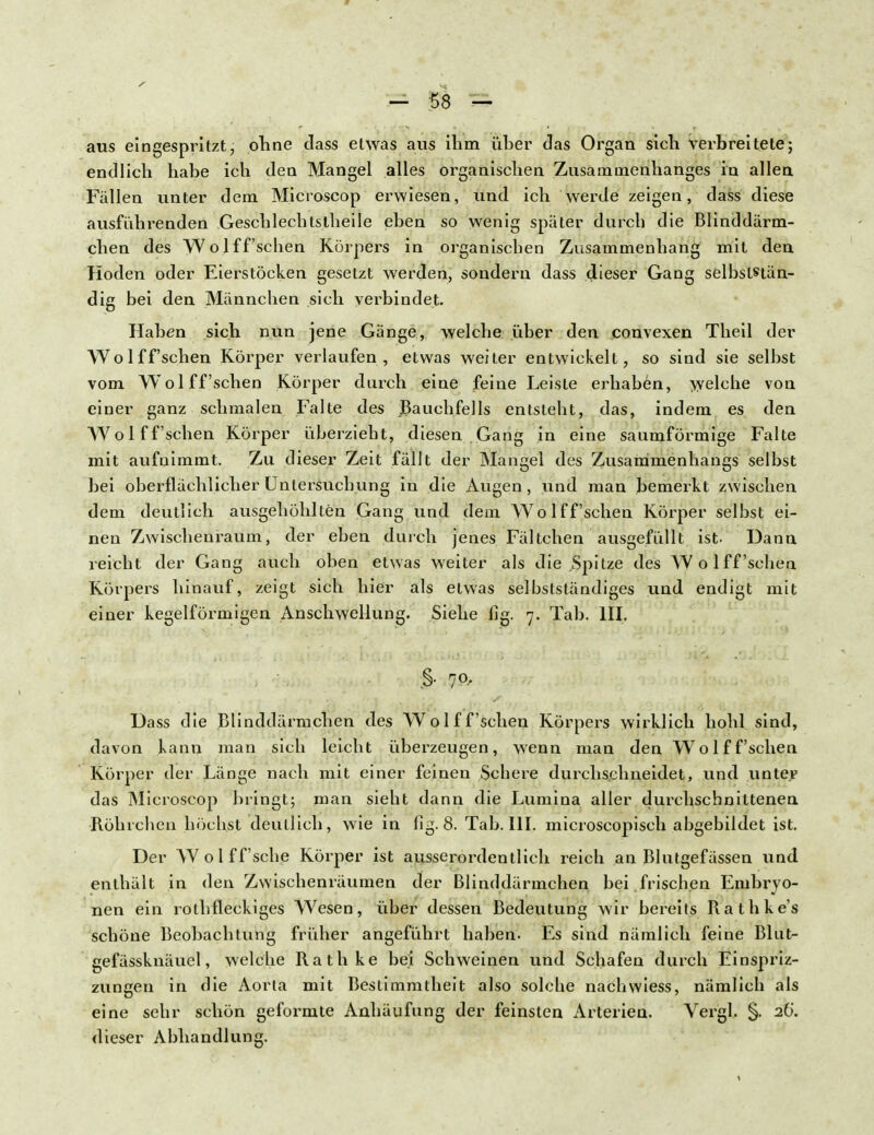 aus eingespritzt, oline class etwas aus ihm über das Organ sich verbreitete; endlich habe ich den Mangel alles organischen Zusammenhanges in allen Fällen unter dem Microscop erwiesen, und ich werde zeigen, dass diese ausführenden Gescblechtslheile eben so wenig später durch die Blinddärm- chen des Wolff'schen Körpers in organischen Zusammenhang mit den Koden oder Eierstöcken gesetzt werden, sondern dass dieser Gang selbststän- dig bei den Männchen sich verbindet. Haben sich nun jene Gänge, welche über den convexen Theil der Wolff'schen Körper verlaufen, etwas weiter entwickelt, so sind sie selbst vom Wolff'schen Körper durch eine feine Leiste erhaben, welche von einer ganz schmalen Falte des Bauchfells entsteht, das, indem es den Wolff'schen Körper überzieht, diesen Gang in eine saumförmige Falte mit aufnimmt. Zu dieser Zeit fällt der Mangel des Zusammenhangs selbst bei oberflächlicher Untersuchung in die Augen, und man bemerkt zwischen dem deutlich ausgehöhlten Gang und dem Wolff'schen Körper selbst ei- nen Zwischenraum, der eben durch jenes Fältchen ausgefüllt ist- Dann reicht der Gang auch oben etwas weiter als die Spitze des Wolff'schen Körpers hinauf, zeigt sich hier als etwas selbstständiges und endigt mit einer kegelförmigen Anschwellung. Siehe fig. 7. Tab. III. 7°' Dass die Blinddärmchen des Wolff'schen Körpers wirklich hohl sind, davon kann man sich leicht überzeugen, wenn man den Wolff'schen Körper der Länge nach mit einer feinen Schere durchschneidet, und unter das Microscop bringt; man sieht dann die Lumina aller durchschnittenen Röhichen höchst deutlich, wie in fig. 8. Tab. III. microscopiseh abgebildet ist. Der Wolff'sche Körper ist ausserordentlich reich an Blutgefässen und enthält in den Zwischenräumen der Blinddärmchen bei frischen Embryo- nen ein rothfleckiges Wesen, über dessen Bedeutung wir bereits Rathke's schöne Beobachtung früher angeführt haben- Es sind nämlich feine Blut- gefässknäuel, welche Rathke bei Schweinen und Schafen durch Einspriz- zungen in die Aorta mit Bestimmtheit also solche nachwiess, nämlich als eine sehr schön geformte Anhäufung der feinsten Arterien. Vergl, §. 26. dieser Abhandlung.