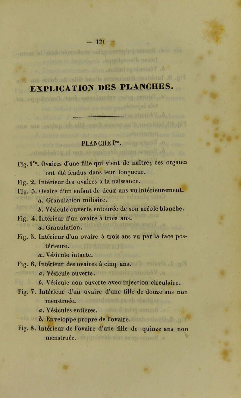 EXPLICATION DES PLANCHES. PLANCHE I. Fig.lre. Ovaires d'une fille qui vient de naître; ces organes ont été fendus dans leur longueur. Fig. 2. Intérieur des ovaires à la naissance. Fig. 5. Ovaire d'un enfant de deux ans vu intérieurement. a. Granulation miliaire. b. Vésicule ouverte entourée de son aréole blanche. Fig. 4. Intérieur d'un ovaire à trois ans. a. Granulation. Fig. 5. Intérieur d'un ovaire à trois ans vu par la face pos- térieure. a. Vésicule intacte. Fig. 6. Intérieur des ovaires à cinq ans. a. Vésicule ouverte. b. Vésicule non ouverte avec injection circulaire. Fig. 7. Intérieur d'un ovaire d'une fille de douze ans non menstruée. a. Vésicules entières. b. Enveloppe propre de l'ovaire. Fig. 8. Intérieur de l'ovaire d'une fille de quinze ans non menstruée.