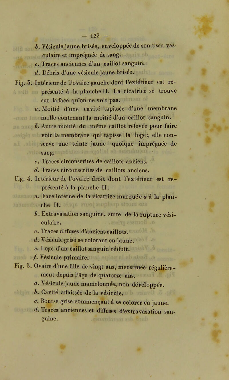 b. Vésicule jaune brisée, enveloppée de son tissu vas- culaire et imprégnée de sang. c. Traces anciennes d'un caillot sanguin. d. Débris d'une vésicule jaune brisée. Fig. 5. Intérieur de l'ovaire gauche dont l'extérieur est re- présenté à la planche II. La cicatrice se trouve sur la face qu'on ne voit pas. a. Moitié d'une cavité tapissée d'une membrane molle contenant la moitié d'un caillot sanguin. b. Autre moitié du même caillot relevée pour faire voir la membrane qui tapisse la loge ; elle con- serve une teinte jaune quoique imprégnée de sang. c. Traces'circonscrites de caillots anciens. d. Traces circonscrites de caillots anciens. Fig. 4. Intérieur de l'ovaire droit dont l'extérieur est re- présenté à la planche II. a. Face interne de la cicatrice marquée a à la plan- che II. b. Extravasation sanguine, suite de la rupture vési- culaire. c. Traces diffuses d'anciens caillots. d. Vésicule grise se colorant en jaune. e. Loge d'un caillot sanguin réduit. /. Vésicule primaire. Fig. 5. Ovaire d'une fille de vingt ans, menstruée régulière- ment depuis l'âge de quatorze ans. a. Vésicule jaune mamelonnée, non développée. b. Cavité affaissée de la vésicule. c. Bourse grise commençant à se colorer en jaune. d. Traces anciennes et diffuses d'extravasation san- guine.