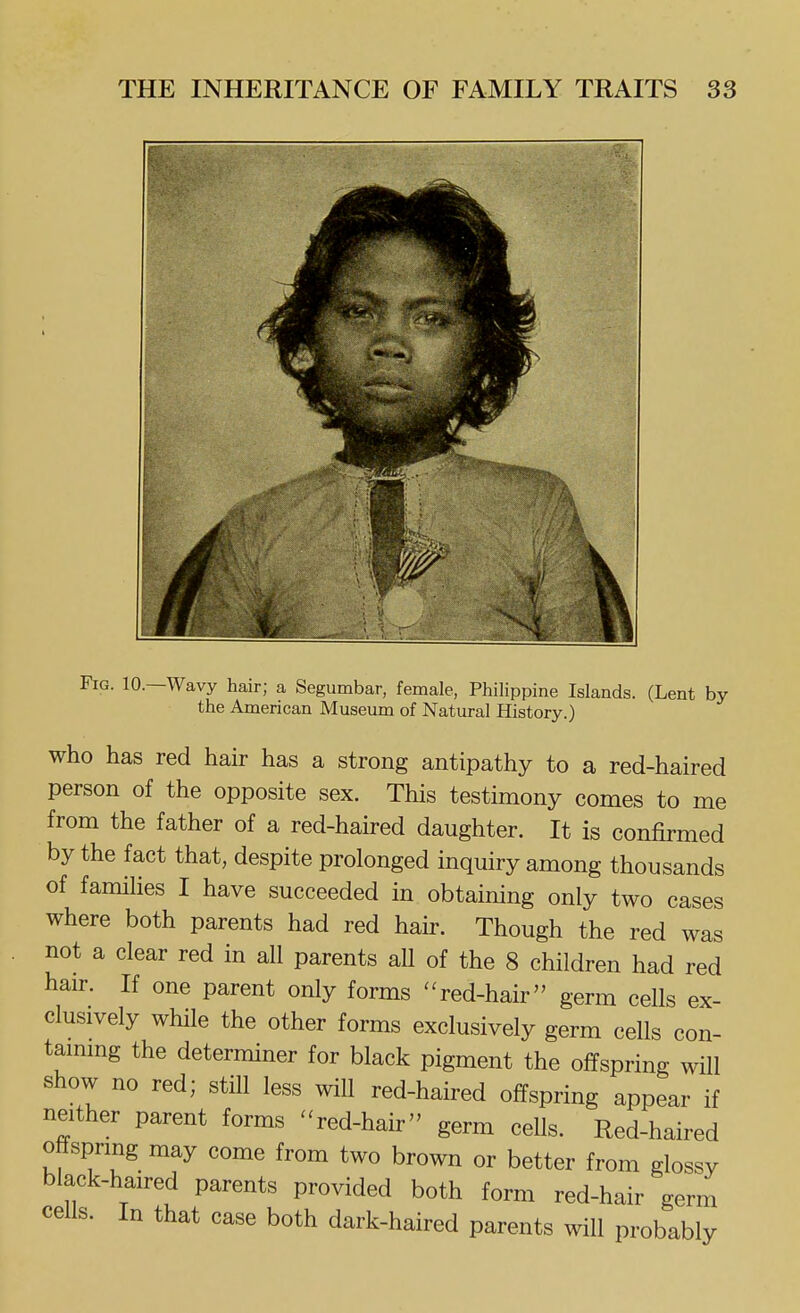 Fig. 10.—Wavy hair; a Segumbar, female, Philippine Islands. (Lent by the American Museum of Natural History.) who has red hair has a strong antipathy to a red-haired person of the opposite sex. This testimony comes to me from the father of a red-haired daughter. It is confirmed by the fact that, despite prolonged inquiry among thousands of famines I have succeeded in obtaining only two cases where both parents had red hair. Though the red was not a clear red in all parents all of the 8 children had red hair. If one parent only forms ''red-hair germ ceUs ex- clusively while the other forms exclusively germ cells con- taimng the determiner for black pigment the offspring will show no red; still less will red-haired offspring appear if neither parent forms red-hair germ cells. Red-haired offspring may come from two brown or better from glossy black-haired parents provided both form red-hair germ cells. In that case both dark-haired parents will probably