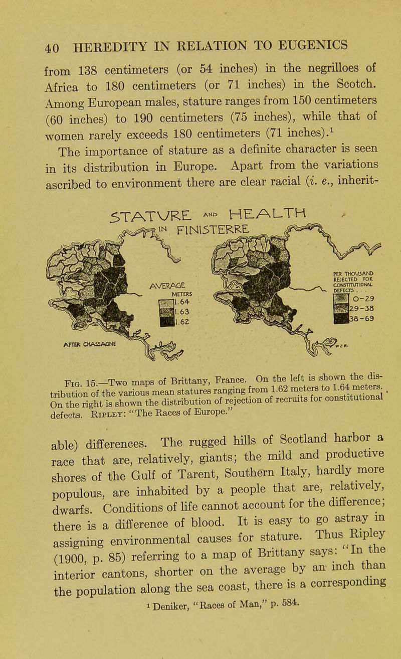 from 138 centimeters (or 54 inches) in the negrilloes of Africa to 180 centimeters (or 71 inches) in the Scotch. Among European males, statm-e ranges from 150 centimeters (60 inches) to 190 centimeters (75 inches), while that of women rarely exceeds 180 centimeters (71 inches).^ The importance of statm-e as a definite character is seen in its distribution in Europe. Apart from the variations ascribed to environment there are clear racial (i. e., inherit- 5TATVRE ^'^^ HE./XL.TH IN F1N15TERRE AFTa CHASSACNE Fig. 15.-TW0 maps of Brittany, France. On the left is f^^^ J.^ tribuSn of the various mean statures ranging from 1.62 meters to 1-64 m^t^JJ . On tSghtTs shown the distribution of rejection of recrmts for constitutional defects. Ripley: The Races of Europe. able) differences. The rugged hills of Scotland harbor a race that are, relatively, giants; the mild and productive shores of the Gulf of Tarent, Southern Italy, hardly more populous, are inhabited by a people that are, relatively, dwarfs. Conditions of life cannot account for the difference; there is a difference of blood. It is easy to go astray m assigning environmental causes for stature. Thus Ripley (1900 p. 85) referring to a map of Brittany says: In the interior cantons, shorter on the average by an mch than the population along the sea coast, there is a corresponding 1 Deniker, Races of Man, p. 684.
