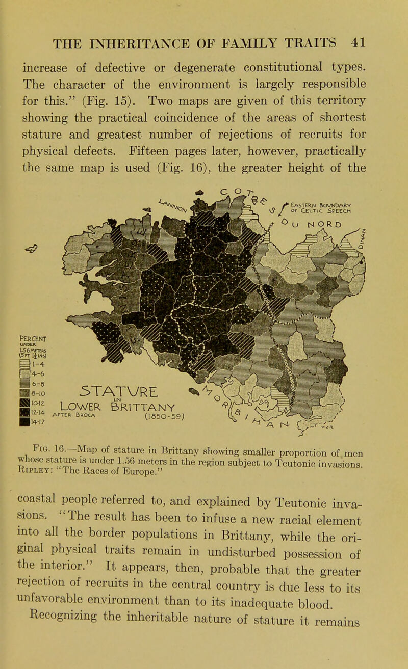increase of defective or degenerate constitutional types. The character of the environment is largely responsible for this. (Fig. 15). Two maps are given of this territory showing the practical coincidence of the areas of shortest stature and greatest number of rejections of recruits for physical defects. Fifteen pages later, however, practically the same map is used (Fig. 16), the greater height of the CO 7^ Eastern Boundary OF Celtic Speech Percent UNDER. (Sft Hi/isj G4-6 a 6-10 S'flf Lower Brittany ■'^■'^ AFTER BROCA (IS50-59) Fig. 16.—Map of stature in Brittany showing smaller proportion of men whose stature is under 1.56 meters in the region subject to Teutonic invasions. Ripley: The Races of Europe. coastal people referred to, and explained by Teutonic inva- sions. The result has been to infuse a new racial element into all the border populations in Brittany, while the ori- ginal physical traits remain in undisturbed possession of the interior. It appears, then, probable that the greater rejection of recruits in the central country is due less to its unfavorable environment than to its inadequate blood. Recognizing the inheritable nature of stature it remains