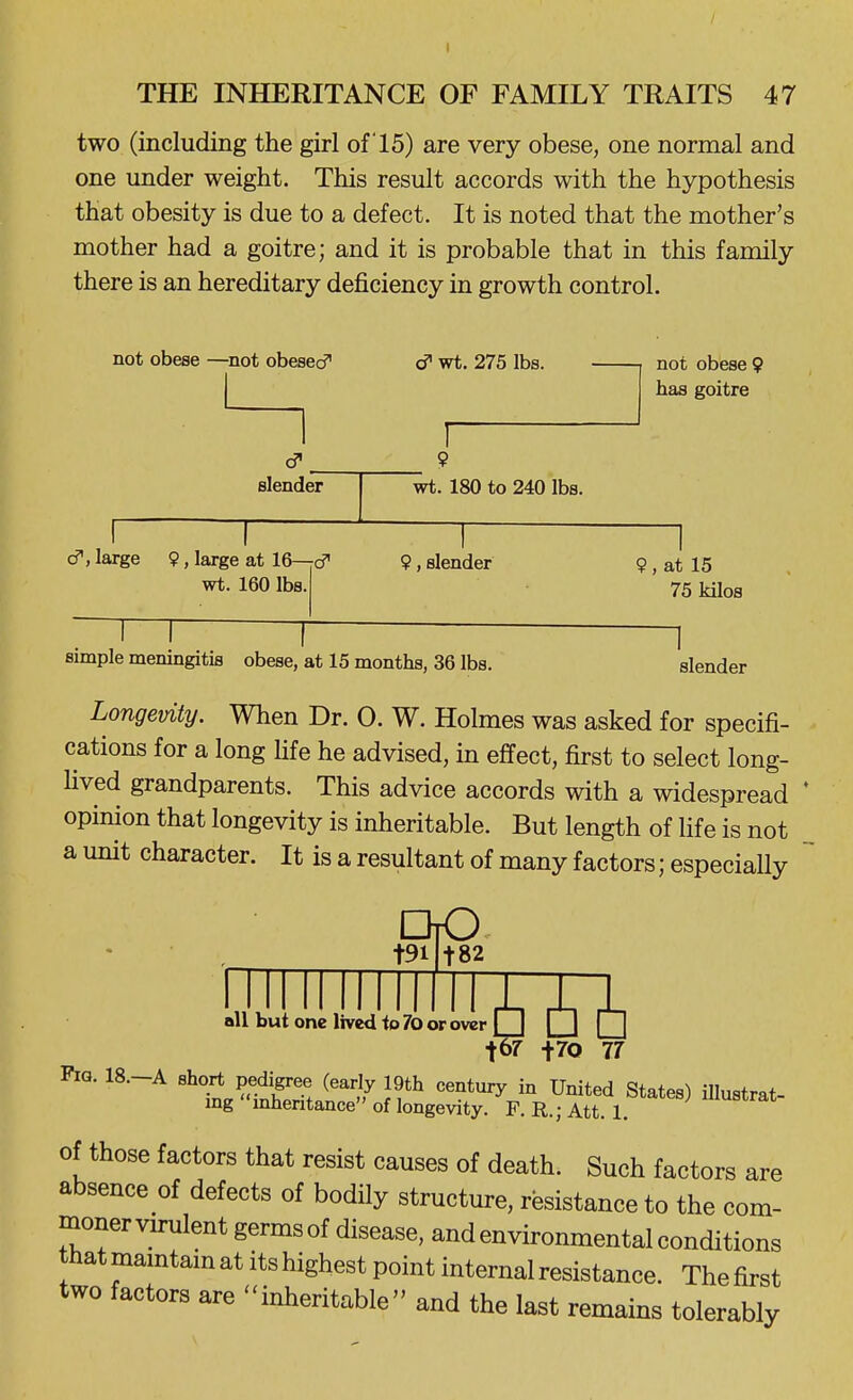 THE INHERITANCE OF FAMILY TRAITS 47 two (including the girl of'15) are very obese, one normal and one under weight. This result accords with the hypothesis that obesity is due to a defect. It is noted that the mother's mother had a goitre; and it is probable that in this family there is an hereditary deficiency in growth control. not obese —not obesecf wt. 275 lbs. not obese 9 has goitre slender I \ cT, large 9, large at 16—c? wt. 160 lbs. wt. 180 to 240 lbs. 9, slender 9, at 15 75 kilos 1 slender simple meningitis obese, at 15 months, 36 lbs. Longevity. When Dr. 0. W. Holmes was asked for specifi- cations for a long life he advised, in effect, first to select long- Hved grandparents. This advice accords with a widespread opinion that longevity is inheritable. But length of life is not a unit character. It is a resultant of many factors; especially all but one lived to 7o or over t6r +70 77 Fig. 18.-A short pedigree (eariy 19th century in United States) iUustrat- mg mhentance of longevity. F. R.; Att. 1. iusirat Of those factors that resist causes of death. Such factors are absence of defects of bodily structure, resistance to the com- moner virulent germsof disease, and environmental conditions thatmamtain at its highest point internal resistance. The first two factors are ''inheritable and the last remains tolerably