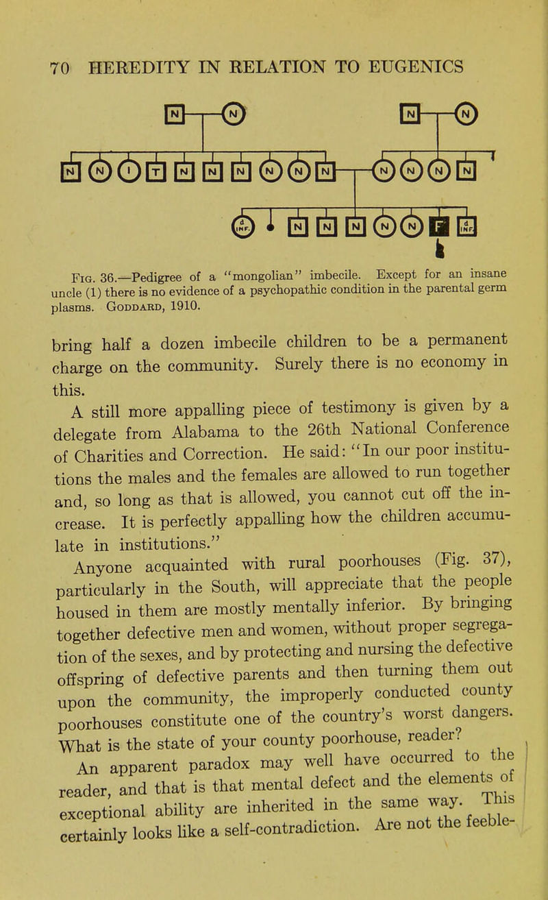 d) i [i][ii[i](N)(N)^[i3 Fig. 36.—Pedigree of a mongolian imbecile. Except for an insane uncle (1) there is no evidence of a psychopathic condition in the parental germ plasms. GoDDARD, 1910. bring half a dozen imbecile children to be a permanent charge on the community. Surely there is no economy in this. A still more appalling piece of testimony is given by a delegate from Alabama to the 26th National Conference of Charities and Correction. He said: In our poor institu- tions the males and the females are allowed to run together and, so long as that is allowed, you cannot cut off the in- crease. It is perfectly appalling how the children accumu- late in institutions. Anyone acquainted with rural poorhouses (Fig. 37), particularly in the South, will appreciate that the people housed in them are mostly mentally inferior. By brmgmg together defective men and women, without proper segrega- tion of the sexes, and by protecting and nursing the defective offspring of defective parents and then turning them out upon the community, the improperly conducted county poorhouses constitute one of the country's worst dangers. What is the state of your county poorhouse, reader.^ An apparent paradox may well have occurred to the reader, and that is that mental defect and the elements o exceptional ability are inherited in f ^^7^^J J^^^ certainly looks like a self-contradiction. Are not the feeble-