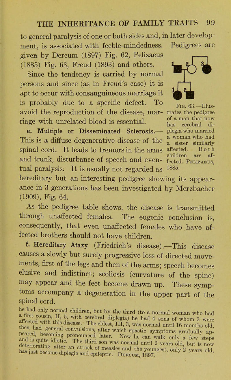 to general paralysis of one or both sides and, in later develop- ment, is associated with feeble-mindedness. given by Dercum (1897) Fig. 62, Pelizaeus (1885) Fig. 63, Freud (1893) and others. Since the tendency is carried by normal persons and since (as in Freud's case) it is apt to occur with consanguineous marriage it is probably due to a specific defect. To 63—lllus- avoid the reproduction of the disease, mar- trates the pedigree riage with unrelated blood is essential. e. Multiple or Disseminated Sclerosis.— plegia who married rp-i •• 1 T p., a woman who had Ims is a dmuse degenerative disease of the ^ sister similarly spinal cord. It leads to tremors in the arms affected. Both J , , ,. , , « , , children are af- and trunk, disturbance oi speech and even- fected. Pelizaeus, tual paralysis. It is usually not regarded as hereditary but an interesting pedigree showing its appear- ance in 3 generations has been investigated by Merzbacher (1909), Fig. 64. As the pedigree table shows, the disease is transmitted through unaffected females. The eugenic conclusion is, consequently, that even unaffected females who have af- fected brothers should not have children. f. Hereditary Ataxy (Friedrich's disease) .—This disease causes a slowly but surely progressive loss of directed move- ments, first of the legs and then of the arms; speech becomes elusive and mdistinct; scoliosis (curvature of the spine) may appear and the feet become drawn up. These symp- toms accompany a degeneration in the upper part of the spinal cord. he had only nonnal children, but by the third (to a normal woman who had affpptn 'f^'i ' '5.^^'^^ *^^P''S^^) h« ^^d 4 sons of whom 3 were then The eldest, III, 3, was normal until 16 months old, neared hi ^hich spastic symptoms gradually ap- peared, becommg pronounced later. Now he can walk only a few steos SeralVtS- The third son was normal until 2 years 3d%ut is no'w aetenoratmg after an attack of measles and the youngest only 2 years old has just become diplegic and epileptic. Dercum, 1897. ^ '