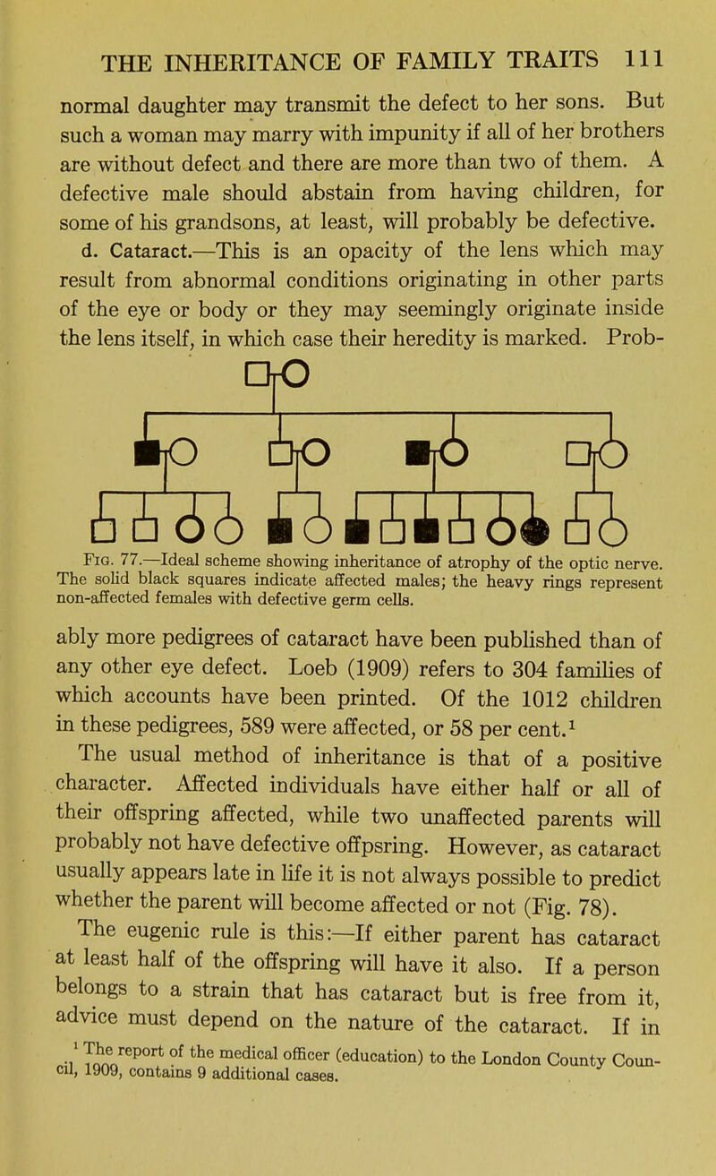 normal daughter may transmit the defect to her sons. But such a woman may marry with impunity if all of her brothers are without defect and there are more than two of them. A defective male should abstain from having children, for some of his grandsons, at least, will probably be defective. d. Cataract.—This is an opacity of the lens which may result from abnormal conditions originating in other parts of the eye or body or they may seemingly originate inside the lens itself, in which case their heredity is marked. Prob- 4p Ap ■!<!) Fig. 77.—Ideal scheme showing inheritance of atrophy of the optic nerve. The solid black squares indicate affected males; the heavy rings represent non-affected females with defective germ cells. ably more pedigrees of cataract have been pubHshed than of any other eye defect. Loeb (1909) refers to 304 famiHes of which accounts have been printed. Of the 1012 children in these pedigrees, 589 were affected, or 58 per cent.^ The usual method of inheritance is that of a positive character. Affected individuals have either half or all of their offspring affected, while two unaffected parents will probably not have defective offpsring. However, as cataract usually appears late in life it is not always possible to predict whether the parent will become affected or not (Fig. 78). The eugenic rule is this:—If either parent has cataract at least half of the offspring will have it also. If a person belongs to a strain that has cataract but is free from it, advice must depend on the nature of the cataract. If iil To^nn'^^°^ ^^'^^ (education) to the London County Coun- cil, 1909, contains 9 additional cases.