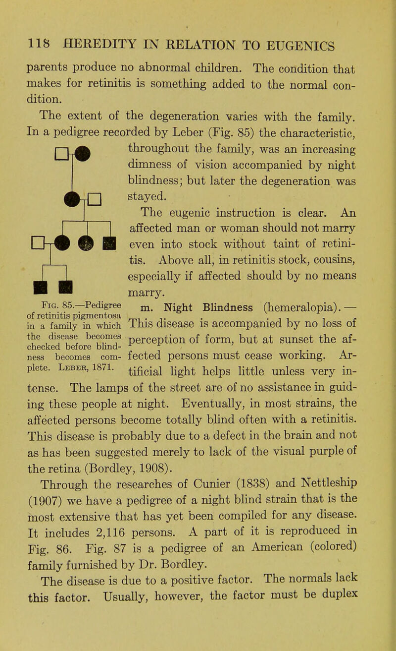 parents produce no abnormal children. The condition that makes for retinitis is something added to the normal con- dition. The extent of the degeneration varies with the family. In a pedigree recorded by Leber (Fig. 85) the characteristic, j—throughout the family, was an increasing dimness of vision accompanied by night bhndness; but later the degeneration was stayed. The eugenic instruction is clear. An affected man or woman should not marry even into stock without taint of retini- tis. Above all, in retinitis stock, cousins, I I especially if affected should by no means ■ ™ marry. Fig. 85.—Pedigree m. Night Blindness (hemeralopia).— of retinitis pigmentosa , . . , , , . in a family in which This disease IS accompanied by no loss oi the disease becomes perception of form, but at sunset the af- checked before blind- ^ ^ ' ness becomes com- fected persons must cease working. Ar- plete. Leber, 1871. ^-f^^j^j ^^^^Lt helps Uttle unless very in- tense. The lamps of the street are of no assistance in guid- ing these people at night. Eventually, in most strains, the affected persons become totally blind often with a retinitis. This disease is probably due to a defect in the brain and not as has been suggested merely to lack of the visual purple of the retina (Bordley, 1908). Through the researches of Cunier (1838) and Nettleship (1907) we have a pedigree of a night blind strain that is the most extensive that has yet been compiled for any disease. It includes 2,116 persons. A part of it is reproduced in Fig. 86. Fig. 87 is a pedigree of an American (colored) family furnished by Dr. Bordley. The disease is due to a positive factor. The normals lack this factor. Usually, however, the factor must be duplex