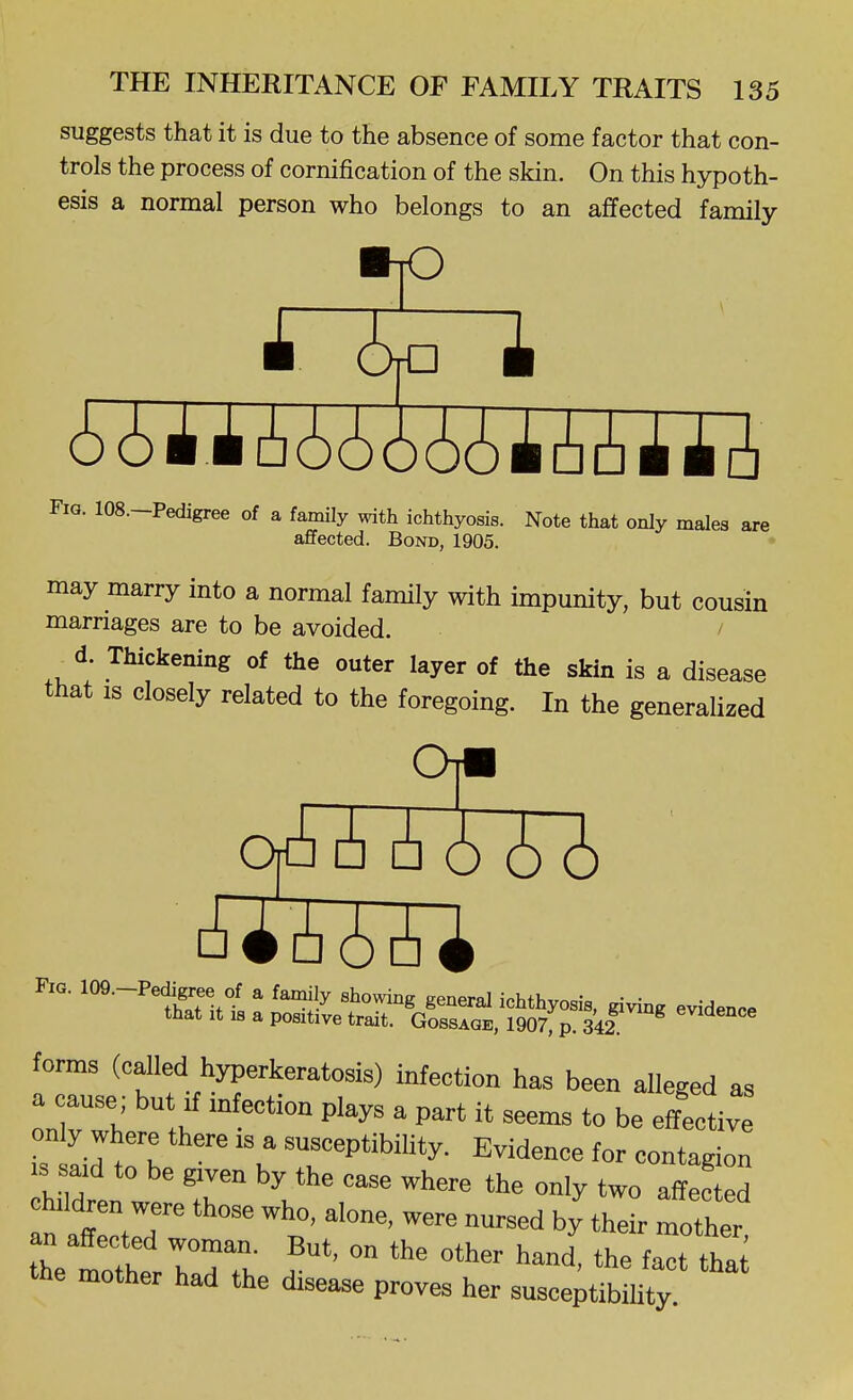 suggests that it is due to the absence of some factor that con- trols the process of cornification of the skin. On this hypoth- esis a normal person who belongs to an affected family Fig. 108.-Pedigree of a family with ichthyosis. Note that only males are affected. Bond, 1905. may marry into a normal family with impunity, but cousin marriages are to be avoided. ^ d. Thickening of the outer layer of the skin is a disease that IS closely related to the foregoing. In the generaUzed Or* 0|d3 6 A Fig. 109.-Pedigrea ot a family sbo^ng general ichthyosB, givine evident, that It IS a positive trait. QossioE, 190?; p. 342 ^ evidenee forms (caJled hyperkeratosis) infection has been alleged as a cause, but .f infection plays a part it seems to be effective ktilf K ''k Evidence for contagion « aid to be given by the case where the only two affeLd children were those who, alone, were nursed by their mother an afTected woman. But, on the other hani the fa thai the mother had the disease proves her susceptibility