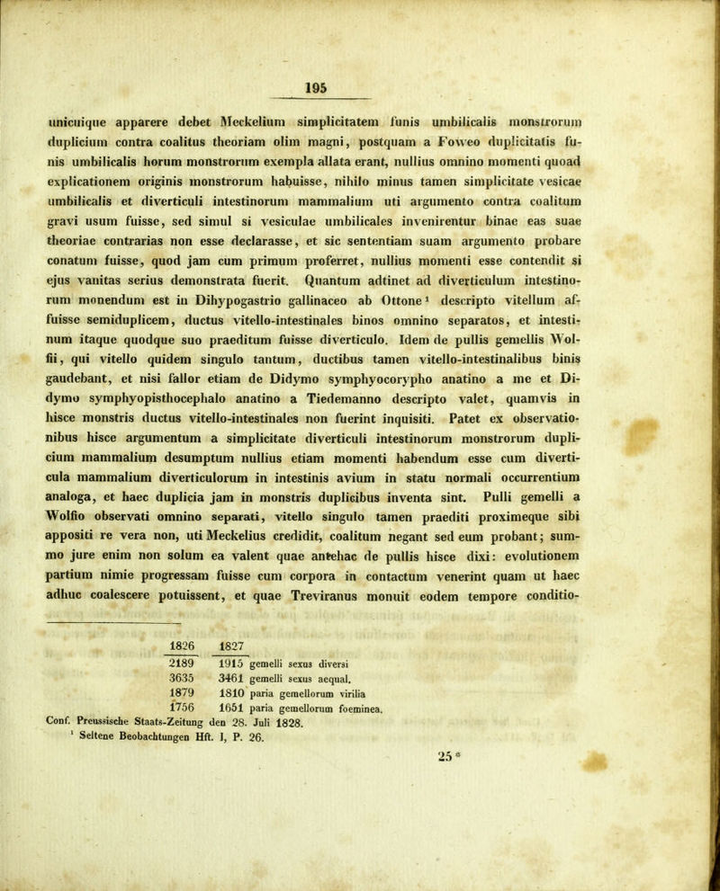 imiciiique apparere debet Meckelium simplicitatein funis umbiiicalis monstrorum duplicium contra coalitus theoriam olim magni, postquam a Fovveo dupHcitatis fu- nis umbilicalis horum monstrorum exempla allata erant, nullius omnino momenti quoad explicationem originis monstrorum habuisse, nihilo minus tamen siniplicitate vesicae umbilicalis et diverticuli intestinorum mammalium uti argumento contra coalitum gravi usum fuisse, sed simul si vesiculae umbilicales invenirentur binae eas suae theoriac contrarias non esse declarasse, et sic sententiam suam argumento probare conatum fuisse, quod jam cum primum proferret, nullius momenti esse contendit si ejus vanitas serius demonstrata fuerit. Quantum adtinet ad diverticulum intestino- rum monendum est in Dihypogastrio gallinaceo ab Ottone * descripto vitellum af- fuisse semiduplicem, ductus vitello-intestinales binos omnino separatos, et intesti-r num itaque quodque suo praeditum fuisse diverticulo. Idem de pullis gemellis Wol- fii, qui vitello quidem singulo tantum, ductibus tamen vitello-intestinalibus binis gaudebant, et nisi failor etiam de Didymo symphyocorypho anatino a me et Di- dymo symphyopisthocephalo anatino a Tiedemanno descripto valet, quamvis in hisce monstris ductus vitello-intestinales non fuerint inquisiti. Patet ex observatio- nibus hisce argumentum a simplicitate diverticuli intestinorum monstrorum dupli- cium mammalium desumptum nullius etiam momenti habendum esse cum diverti- cula mammalium diverticulorum in intestinis avium in statu normali occurrentium analoga, et haec duplicia jam in monstris duplicibus inventa sint. Pulli gemelli a Wolfio observati omnino separati, vitelio singulo tamen praediti proximeque sibi appositi re vera non, uti Meckelius credidit, coalitum negant sed eum probant; sum- mo jure enim non solum ea valent quae antehac de puUis hisce dixi: evolutionem partium nimie progressam fuisse cum corpora in contactum venerint quam ut haec adhuc coalescere potuissent, et quae Treviranus monuit eodem tempore conditio- 1826 1827 2189 1915 gemelli sexus diversi 3635 3461 gemelli sexus aequal, 1879 1810 paria geraellorum virilia 1756 1651 paria gemellorum foeminea. Conf. Preussische Staats-Zeitung den 28. Juli 1828. ' Seitene Beobachtungen Hft. I, P. 26. 25*
