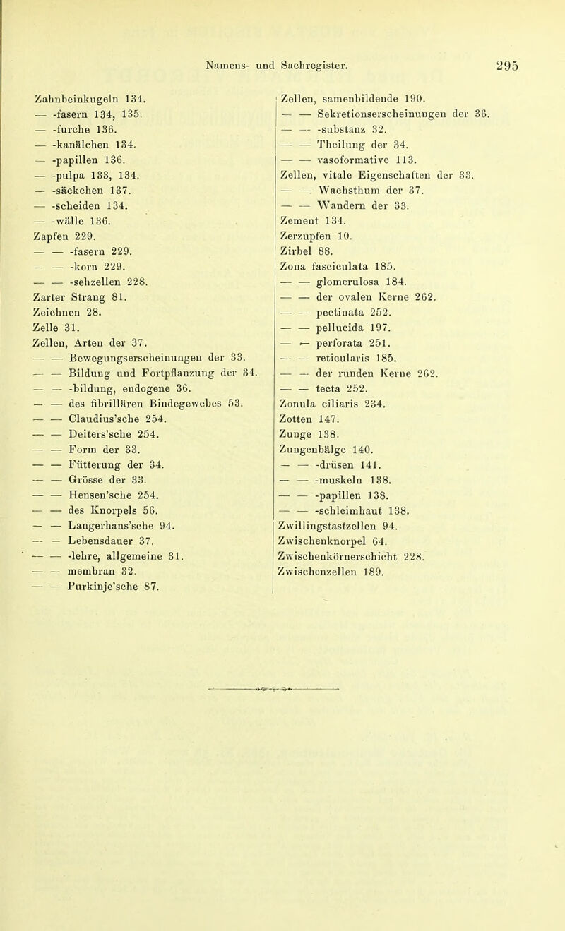 Zabnbeinkugeln 134. fasern 134, 135. furche 136. — -kanälchen 134. — -papillen 136. pulpa 133, 134. — -säckchen 137. — -scheiden 134. wälle 136. Zapfen 229. fasern 229. korn 229. sehzellen 228. Zarter Strang 81. Zeichnen 28. Zelle 31. Zellen, Arten der 37. — — Bewegungserscheinungen der 33. — — Bildung und Fortpflanzung der 34. — — -bildung, endogene 36. — — des fibrillären Bindegewebes 53. — — Claudius'sche 254. — — Deiters'sche 254. Form der 33. — — Fütterung der 34. — — Grösse der 33. — — Hensen'sche 254. — — des Knorpels 56. — — Langerhans'sche 94. — — Lebensdauer 37. — — -lehre, allgemeine 31. — — membran 32. — — Purkinje'sche 87. Zellen, samenbildende 190. — — Sekretionserscheinungen der 36. — — -Substanz 32. Theilung der 34. — — vasoformative 113. Zellen, vitale Eigenschaften der 33. — —: Wachsthum der 37. — — Wandern der 33. Zement 134. Zerzupfen 10. Zirbel 88. Zoua fasciculata 185. — — glomerulosa 184. — — der ovalen Kerne 262. — — pectinata 252. — — pellucida 197. — — perforata 251. — — reticularis 185. — — der runden Kerne 262. tecta 252. Zonula ciliaris 234. Zotten 147. Zunge 138. Zungenbälge 140. — — -drüsen 141. — — -muskelu 138. — — -papillen 138. — — -Schleimhaut 138. Zwillingstastzellen 94. Zwischenknorpel 64. Zwischenkörnerschicht 228. Zwischenzellen 189.