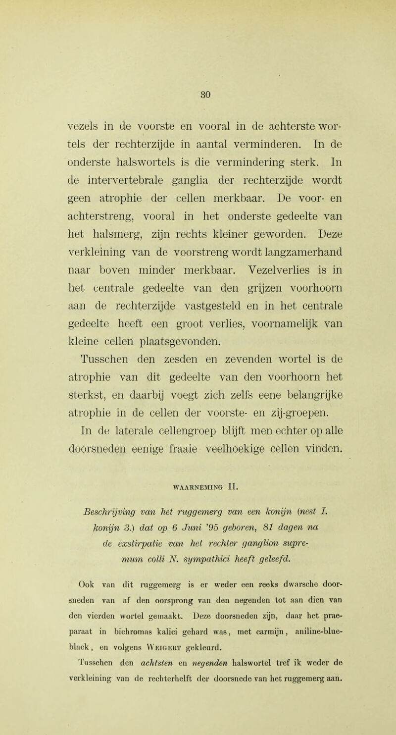 vezels in de voorste en vooral in de achterste wor- tels der rechterzijde in aantal verminderen. In de onderste halswortels is die vermindering sterk. In de intervertebrale ganglia der rechterzijde wordt geen atrophie der cellen merkbaar. De voor- en achterstreng, vooral in het onderste gedeelte van het halsmerg, zijn rechts kleiner geworden. Deze verkleining van de voorstreng wordt langzamerhand naar boven minder merkbaar. Vezelverlies is in het centrale gedeelte van den grijzen voorhoorn aan de rechterzijde vastgesteld en in het centrale gedeelte heeft een groot verlies, voornamelijk van kleine cellen plaatsgevonden. Tusschen den zesden en zevenden wortel is de atrophie van dit gedeelte van den voorhoorn het sterkst, en daarbij voegt zich zelfs eene belangrijke atrophie in de cellen der voorste- en zij-groepen. In de laterale cellengroep blijft men echter op alle doorsneden eenige fraaie veelhoekige cellen vinden. WAARNEMING II. Beschrijving van het ruggemerg van een konijn (nest I. konijn 3.) dat op 6 Juni '95 geboren, 81 dagen na de exstirpatie van het rechter ganglion supre- mum colli N. sympathici heeft geleefd. Ook van dit ruggemerg is er weder een reeks dwarsche door- sneden van af den oorsprong van den negenden tot aan dien van den vierden wortel gemaakt. Deze doorsneden zijn, daar het prae- paraat in biehromas kalici gehard was, met carmijn, aniline-blue- black, en volgens Weigert gekleurd. Tusschen den achtsten en negenden halswortel tref ik weder de verkleining van de rechterhelft der doorsnede van het ruggemerg aan.