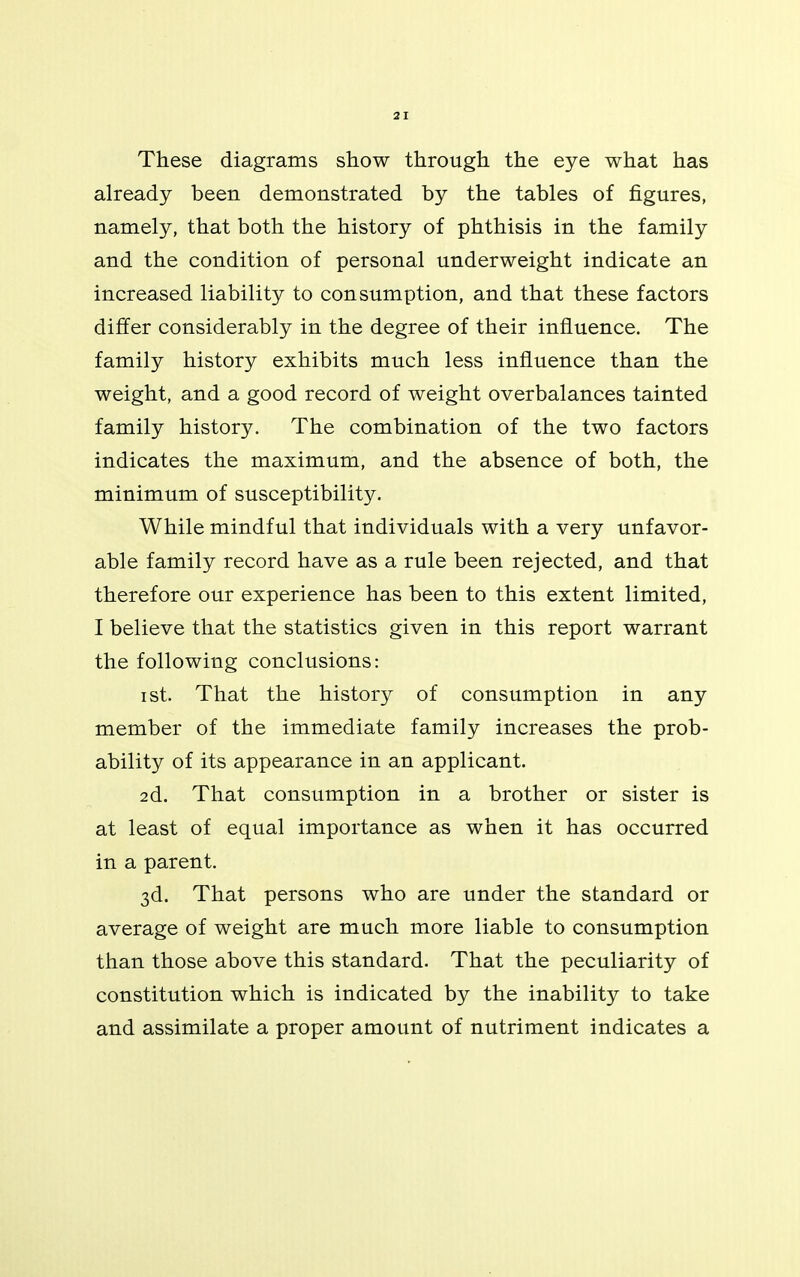 These diagrams show through the eye what has already been demonstrated by the tables of figures, namely, that both the history of phthisis in the family and the condition of personal underweight indicate an increased liability to consumption, and that these factors differ considerably in the degree of their influence. The family history exhibits much less influence than the weight, and a good record of weight overbalances tainted family history. The combination of the two factors indicates the maximum, and the absence of both, the minimum of susceptibility. While mindful that individuals with a very unfavor- able family record have as a rule been rejected, and that therefore our experience has been to this extent limited, I believe that the statistics given in this report warrant the following conclusions: i st. That the history of consumption in any member of the immediate family increases the prob- ability of its appearance in an applicant. 2d. That consumption in a brother or sister is at least of equal importance as when it has occurred in a parent. 3d. That persons who are under the standard or average of weight are much more liable to consumption than those above this standard. That the peculiarity of constitution which is indicated by the inability to take and assimilate a proper amount of nutriment indicates a