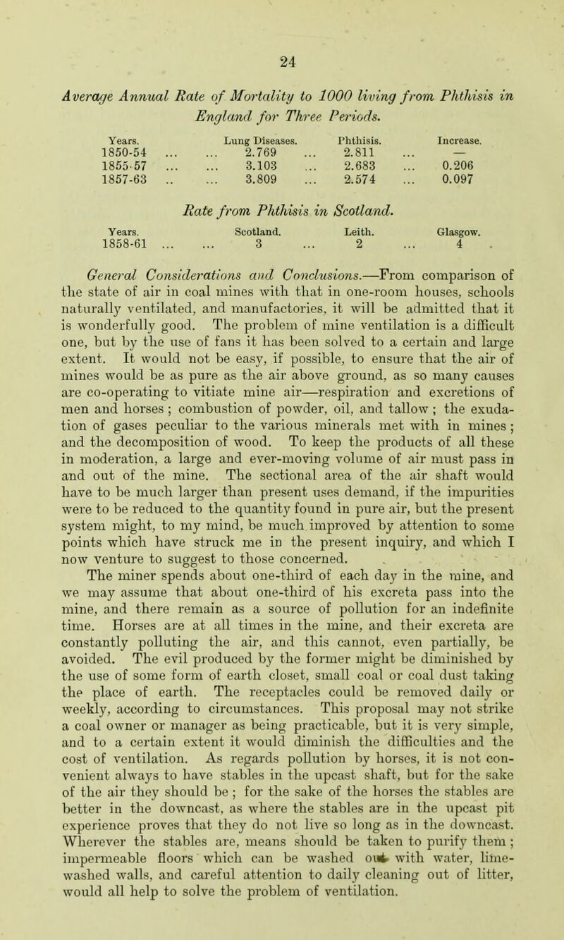 Average Annual Hate of Mortality to 1000 living from Phthisis in England for Three Periods. Years. Lung Diseases. Phthisis. Increase. 1850-54 2.769 ... 2.811 ... — 1855-57 3.103 ... 2.683 ... 0.206 1857-63 3.809 ... 2.574 ... 0.097 Rate from Phthisis in Scotland. Years. Scotland. Leith. Glasgow. 1858-61 3 ... 2 ... 4 General Considerations and Conclusions.—From comparison of the state of air in coal mines with that in one-room houses, schools naturally ventilated, and manufactories, it will be admitted that it is wonderfully good. The problem of mine ventilation is a difficult one, but by the use of faus it has been solved to a certain and large extent. It would not be easy, if possible, to ensure that the air of mines would be as pure as the air above ground, as so many causes are co-operating to vitiate mine air—respiration and excretions of men and horses ; combustion of powder, oil, and tallow ; the exuda- tion of gases peculiar to the various minerals met with in mines; and the decomposition of wood. To keep the products of all these in moderation, a large and ever-moving volume of air must pass in and out of the mine. The sectional area of the air shaft would have to be much larger than present uses demand, if the impurities were to be reduced to the quantity found in pure air, but the present system might, to my mind, be much improved by attention to some points which have struck me in the present inquiry, and which I now venture to suggest to those concerned. The miner spends about one-third of each day in the mine, and we may assume that about one-third of his excreta pass into the mine, and there remain as a source of pollution for an indefinite time. Horses are at all times in the mine, and their excreta are constantly polluting the air, and this cannot, even partially, be avoided. The evil produced by the former might be diminished by the use of some form of earth closet, small coal or coal dust taking the place of earth. The receptacles could be removed daily or weekly, according to circumstances. This proposal may not strike a coal owner or manager as being practicable, but it is very simple, and to a certain extent it would diminish the difficulties and the cost of ventilation. As regards pollution by horses, it is not con- venient always to have stables in the upcast shaft, but for the sake of the air they should be ; for the sake of the horses the stables are better in the downcast, as where the stables are in the upcast pit experience proves that they do not live so long as in the downcast. Wherever the stables are, means should be taken to purify them; impermeable floors which can be washed oi^ with water, lime- washed walls, and careful attention to daily cleaning out of litter, would all help to solve the problem of ventilation.
