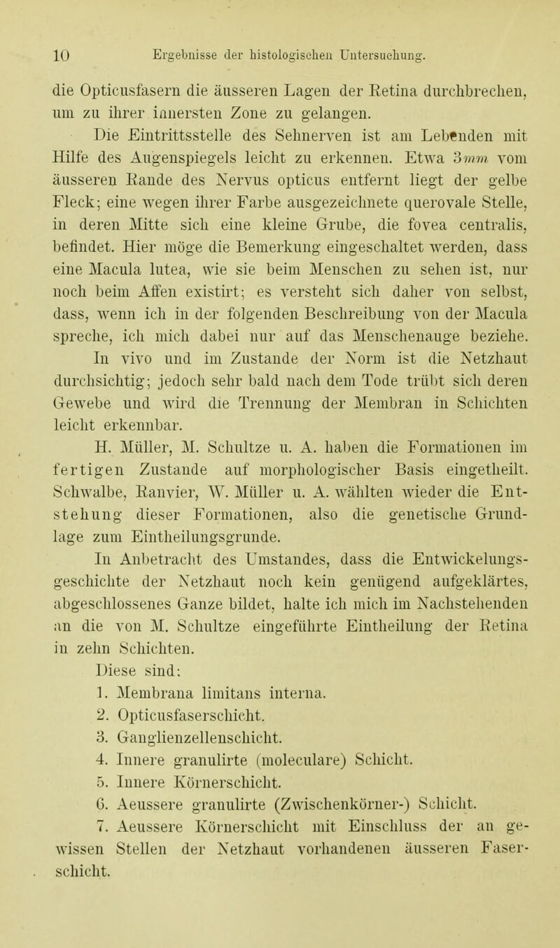 die Opticusfasern die äusseren Lagen der Eetina durchbrechen, um zu ihrer innersten Zone zu gelangen. Die Eintrittsstelle des Sehnerven ist am Lebenden mit Hilfe des Augenspiegels leicht zu erkennen. Etwa 3mm vom äusseren Eande des Nervus opticus entfernt liegt der gelbe Fleck; eine wegen ihrer Farbe ausgezeichnete querovale Stelle, in deren Mitte sich eine kleine Grube, die fovea centralis, befindet. Hier möge die Bemerkung eingeschaltet werden, dass eine Macula lutea, wie sie beim Menschen zu sehen ist, nur noch beim Affen existirt; es versteht sich daher von selbst, dass, wenn ich in der folgenden Beschreibung von der Macula spreche, ich mich dabei nur auf das Menschenauge beziehe. In vivo und im Zustande der Norm ist die Netzhaut durchsichtig; jedoch sehr bald nach dem Tode trübt sich deren Gewebe und wird die Trennung der Membran in Schichten leicht erkennbar. H. Müller, M. Schultze u. A. haben die Formationen im fertigen Zustande auf morphologischer Basis eingetheilt. Schwalbe, Eanvier, AV. Müller u. A. wählten wieder die Ent- stehung dieser Formationen, also die genetische Grund- lage zum Eintheilungsgrunde. In Anbetracht des Umstandes, dass die Entwiekelungs- geschichte der Netzhaut noch kein genügend aufgeklärtes, abgeschlossenes Ganze bildet, halte ich mich im Nachstehenden an die von M. Schultze eingeführte Eintheilung der Retina in zehn Schichten. Diese sind: I. Membrana limitans interna. 2. Opticusfaserschicht. 3. Ganglienzellenschicht. 4. Innere granulirte (moleculare) Schicht. 5. Innere Körnerschicht. 6. Aeussere granulirte (Zwischenkörner-) Schicht. 7. Aeussere Körnerschicht mit Einschluss der an ge- wissen Stellen der Netzhaut vorhandenen äusseren Faser- schicht.