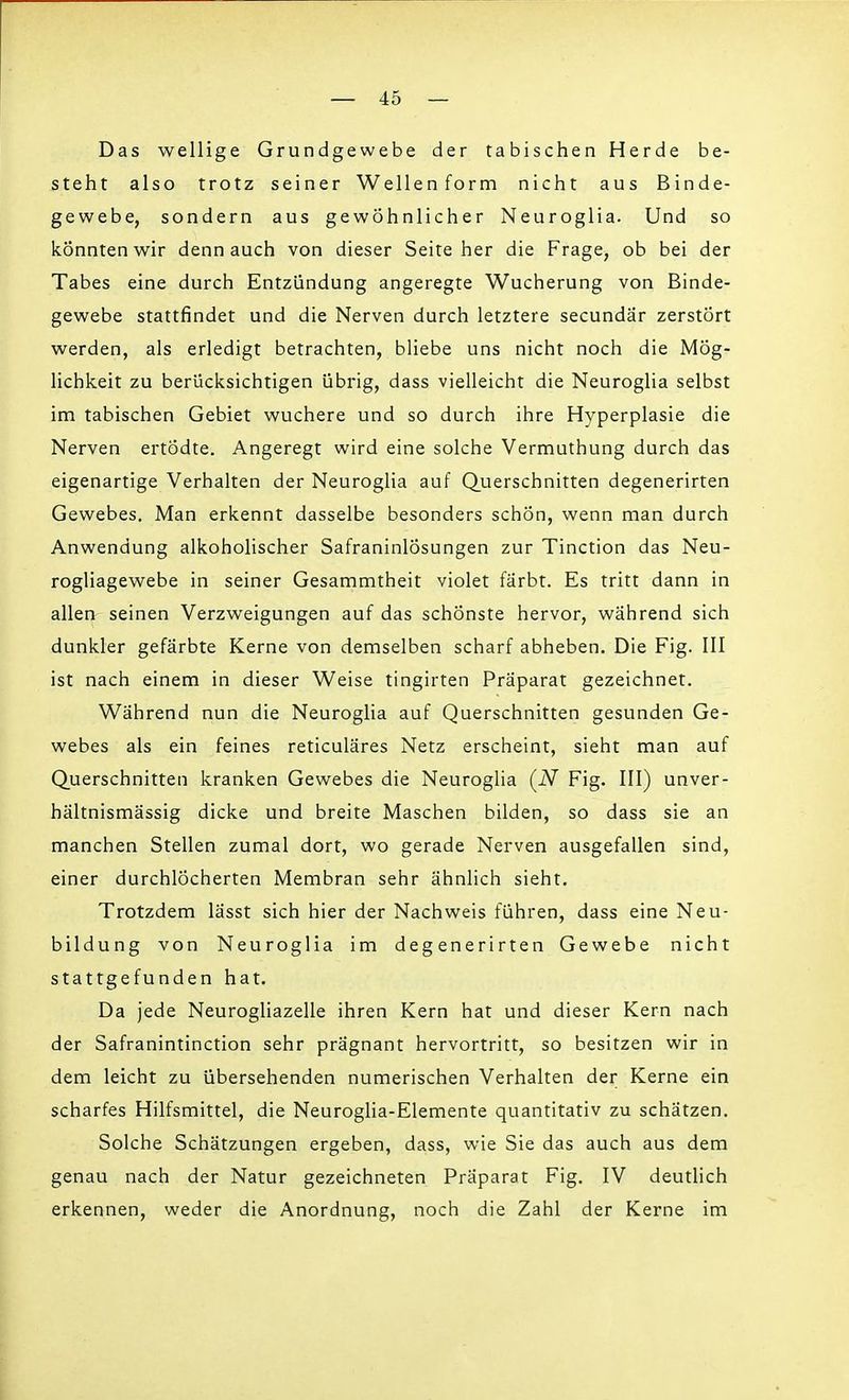Das wellige Grundgewebe der tabischen Herde be- steht also trotz seiner Wellenform nicht aus Binde- gewebe, sondern aus gewöhnlicher Neuroglia. Und so könnten wir denn auch von dieser Seite her die Frage, ob bei der Tabes eine durch Entzündung angeregte Wucherung von Binde- gewebe stattfindet und die Nerven durch letztere secundär zerstört werden, als erledigt betrachten, bliebe uns nicht noch die Mög- lichkeit zu berücksichtigen übrig, dass vielleicht die Neuroglia selbst im tabischen Gebiet wuchere und so durch ihre Hyperplasie die Nerven ertodte. Angeregt wird eine solche Vermuthung durch das eigenartige Verhalten der Neuroglia auf Querschnitten degenerirten Gewebes. Man erkennt dasselbe besonders schon, wenn man durch Anwendung alkoholischer Safraninlösungen zur Tinction das Neu- rogliagewebe in seiner Gesammtheit violet färbt. Es tritt dann in allen seinen Verzweigungen auf das schönste hervor, während sich dunkler gefärbte Kerne von demselben scharf abheben. Die Fig. III ist nach einem in dieser Weise tingirten Präparat gezeichnet. Während nun die Neuroglia auf Querschnitten gesunden Ge- webes als ein feines reticuläres Netz erscheint, sieht man auf Querschnitten kranken Gewebes die Neuroglia (N Fig. III) unver- hältnismässig dicke und breite Maschen bilden, so dass sie an manchen Stellen zumal dort, wo gerade Nerven ausgefallen sind, einer durchlöcherten Membran sehr ähnlich sieht. Trotzdem lässt sich hier der Nachweis führen, dass eine Neu- bildung von Neuroglia im degenerirten Gewebe nicht stattgefunden hat. Da jede Neurogliazelle ihren Kern hat und dieser Kern nach der Safranintinction sehr prägnant hervortritt, so besitzen wir in dem leicht zu übersehenden numerischen Verhalten der Kerne ein scharfes Hilfsmittel, die Neuroglia-Elemente quantitativ zu schätzen. Solche Schätzungen ergeben, dass, wie Sie das auch aus dem genau nach der Natur gezeichneten Präparat Fig. IV deutlich erkennen, weder die Anordnung, noch die Zahl der Kerne im