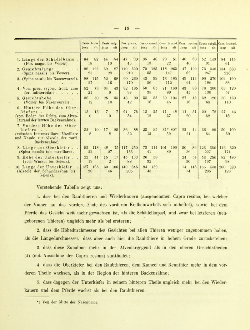 • Cänis lupuy iunff alt Cäiiis vnlp. innp' alt ßos gruQii. lunc alt Cerv. capreol.jcerv. tarand. jong alt jnng alt Cäpr. rosims, jung ält Eqaus caball. inTiof ftlf juiig an Cäm. droroed. iTiniT alt 1. Länge der Schädelbasis . 64 82 44 54 47 90 35 48 29 51 40 80 52 143 84 145 (For. raagn. bis Vonier). 18 10 43 13 22 40 91 61 98 123 59 87 110 320 70 125 118 265 47 109 73 340 134 360 (Spina nasalis bis Vomer). 25 28 210 55 147 62 267 226 3. (Spina nasalis bis Nasenwurzel). 88 115 52 68 90 260 43 99 73 185 49 113 90 270 102 190 27 16 170 56 112 64 180 88 4. Vom proc. zygom. front, zum 52 73 34 43 82 185 50 85 71 160 43 88 70 200 63 120 21 9 93 35 89 45 130 57 25 35 48 90 35 53 59 104 27 45 52 120 50 160 12 10 42 18 18 110 6. Hintere Höhe des Ober* Ir 1 <i T D V* o 7 7 13 25 1 1 AR 11 31 20 72 97 i\ (vom Boden der Orbita zum Alveo- 0 0 54 12 37 20 52 18 larrand der letzten Backenzähne). 7. Vordere Höhe des Ober- 17 25 36 88 23 35 31* 80* 22 43 36 90 50 100 (zwischen Intermaxillare, Maxillare 8 8 52 12 59 21 54 50 und Nasale zur Alveole der vord. r>diL/KcliZttlllic L 8. Länge der Oberkiefer . . 95 118 48 75 117 250 73 114 101 190 50 83 123 350 146 320 (Spina nasalis tub. maxillare). 23 27 133 41 89 36 227 174 9. Höhe der Unterkiefer . . 22 41 15 17 45 133 26 58 24 54 53 250 82 180 (vom Winkel bis Gelenk). 19 2 88 32 30 197 98 10. Länge der Unterkiefer 137 165 60 106 140 345 94 139 74 148 155 440 200 320 (Alveole der Schneidezähne bis 28 46 205 45 74 285 120 Gelenk). Vorstehende Tabelle zeigt uns: 1. dass bei den Raubthieren und Wiederkäuern (ausgenommen Capra resima, bei welcher der Vomer an das vordere Ende des vorderen Keilbeinwirbels sich anheftet), sowie bei dem Pferde das Gesicht weit mehr gewachsen ist, als die Schädelkapsel, und zwar bei letzteren (neu- geborenen Thieren) ungleich mehr als bei ersteren; 2. dass die Höhedurchmesser des Gesichtes bei allen Thieren weniger zugenommen haben, als die Längedurchmesser, dass aber auch hier die Raubthiere in hohem Grade zurückstehen; 3. dass diese Zunahme mehr in der Alveolargegend als in den oberen Gesichtstheilen (4) (mit Ausnahme der Capra resima) stattfindet; 4. dass die Oberkiefer bei den Raubthieren, dem Kameel und Rennthier mehr in dem vor- deren Theile wachsen, als in der Region der hinteren Backenzähne; 5. dass dagegen der Unterkiefer in seinem hinteren Theile ungleich mehr bei den Wieder- käuern und dem Pferde wächst als bei den Raubthieren. •j Von der Mitte der Nasenbeine.