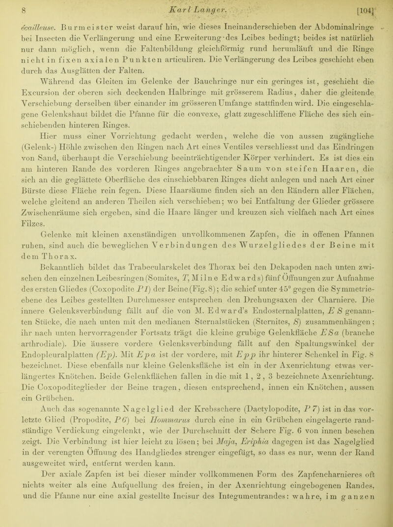 ecailleuse. Burmeister weist darauf hin, wie dieses Ineinanderschieben der Abdominalringe bei Insecten die Verlängerung und eine Erweiterung-des Leibes bedingt; beides ist natürlich nur dann möglich , wenn die Faltenbildung gleichförmig rund herumläuft und die Ringe nicht in fixen axialen Punkten articuliren. Die Verlängerung des Leibes geschieht eben durch das Ausglätten der Falten. Während das Gleiten im Gelenke der Bauchringe nur ein geringes ist, geschieht die Excursion der oberen sich deckenden Halbringe mit grösserem Radius, daher die gleitende Verschiebung derselben über einander im grösseren Umfange stattfinden wird. Die eingeschla- gene Gelenkshaut bildet die Pfanne für die convexe, glatt zugeschliffene Fläche des sich ein- schiebenden hinteren Ringes. Hier muss einer Vorrichtung gedacht werden, welche die von aussen zugängliche (Gelenk-) Höhle zwischen den Ringen nach Art eines Ventiles vcrschliesst und das Eindringen von Sand, überhaupt die Verschiebung beeinträchtigender Körper verhindert. Es ist dies ein am hinteren Rande des vorderen Ringes angebrachter Saum von steifen Haaren, die sich an die geglättete Oberfläche des einschiebbaren Ringes dicht anlegen und nach Art einer Bürste diese Fläche rein fegen. Diese Haarsäume finden sich an den Rändern aller Flächen, welche gleitend an anderen Thailen sich verschieben; wo bei Entfaltung der Glieder grössere Zwischenräume sich ergeben, sind die Haare länger und kreuzen sich vielfach nach Art eines Filzes. Gelenke mit kleinen axenständigen unvollkommenen Zapfen, die in offenen Pfannen ruhen, sind auch die beweglichen Verbindungen des Wurzelgliedes der Beine mit dem Thorax. Bekanntlich bildet das Trabecularskelet des Thorax bei den Dekapoden nach unten zwi- schen den einzelnen Leibesringen (Somites, T,Milne E d ward s) fünf Offnungen zur Aufnahme des ersten Gliedes (Coxopodite PI) der Beine (Fig. 8); die schief unter 45° gegen die Symmetrie- ebene des Leibes gestellten Durchmesser entsprechen den Drehungsaxen der Charniere. Die innere Gelenksverbindung fällt auf die von M.Ed ward's Endosternalplatten, E 8 genann- ten Stücke, die nach unten mit den medianen Sternalstücken (Sternites, S) zusammenhängen ; ihr nach unten hervorragender Fortsatz trägt die kleine grubige Gelenkfläche ESa (brauche arthrodiale). Die äussere vordere Gelenksverbindung fällt auf den Spaltungswinkel der Endopleuralplatten (Ep). Mit Epa ist der vordere, mit Epp ihr hinterer Schenkel in Fig. 8 bezeichnet. Diese ebenfalls nur kleine Gelenksfläche ist ein in der Axenrichtung etwas ver- längertes Knötchen. Beide Gelenkflächen fallen in die mit 1,2,3 bezeichnete Axenrichtung. Die Coxopoditeglieder der Beine tragen, diesen entsprechend, innen ein Knötchen, aussen ein Grübchen. Audi das sogenannte Nagelglied der Krebsschere (Dactylopodite, P 7) ist in das vor- letzte Glied (Propodite, PG) bei Ilommarus durch eine in ein Grübchen eingelagerte rand- ständige Verdickung eingelenkt, wie der Durchschnitt der Schere Fig. 6 von innen besehen zeigt. Die Verbindung ist hier leicht zu lösen; bei Maja, Eriplüa dagegen ist das Nagelglied in der verengten Öffnung des Handgliedes strenger eingefügt, so dass es nur. wenn der Rand ausgeweitet wird, entfernt werden kann. Der axiale Zapfen ist bei dieser minder vollkommenen Form des Zapfencharnieres oft nichts weiter als eine Aufquellung des freien, in der Axenrichtung eingebogenen Randes, und die Pfanne nur eine axial gestellte Incisur des Integumentrandes: wahre, im ganzen