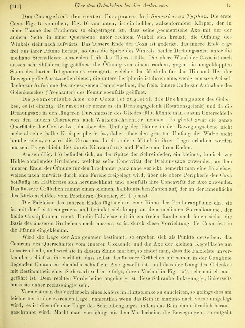 Das Coxagelenk des ersten Fusspaares bei Scarab aeus Typhon. Die erste Coxa, Fig. 15 von oben, Fig. 16 von unten, ist ein hohler, walzenförmiger Körper, der in einer Pfanne des Prothorax so eingetragen ist, dass seine geometrische Axe mit der der andern Seite in einer Querebene unter rechtem Winkel sich kreuzt, die Öffnung des Winkels sieht nach aufwärts. Das äussere Ende der Coxa ist gedeckt, das innere Ende ragt frei aus ihrer Pfanne heraus, so dass die Spitze des Winkels beider Drehungsaxen unter die mediane Sternalleiste ausser den Leib des Thieres fällt. Die obere Wand der Coxa ist nach aussen schreibfederartig geöffnet, die Öffnung von einem rauhen, gegen sie umgeklappten Saum des harten Integumentes verengert, welcher den Muskeln für das Hin und Her der Bewegung die Ansatzstellen bietet; die untere Peripherie ist durch eine, wenig concave Achsel- fläche zur Aufnahme des angezogenen Femur geebnet, das freie, innere Ende zur Aufnahme des Gelenkstückes (Trochanter) des Femur ebenfalls geöffnet. Die geometrische Axe der Coxa ist zugleich die Drehungsaxe des Gelen- kes, es ist einaxig. Burmeister nennt es ein Drehungsgelenk (Rotationsgelenk) und da die Drehungsaxe in den längeren Durchmesser des Gliedes fällt, könnte man es zum Unterschiede von den andern Charnieren auch Walz en charn ier nennen. Es gleitet zwar die ganze Oberfläche der Coxawalze, da aber der Umfang der Pfanne in der Bewegungsebene nicht mehr als eine halbe Kreisperipherie ist, daher über den grössten Umfang der Walze nicht hinüberreicht, so wird die Coxa erst durch andere Mittel in ihrer Lage erhalten werden müssen. Es geschieht dies durch Einzapfung und Falze an ihren Enden. Aussen (Fig. 15) befindet sich, an der Spitze der Schreibfeder, ein kleines, konisch zur Höhle abfallendes Grübchen, welches seine Concavität der Drehungsaxe zuwendet; an dem inneren Ende, der Öffnung für den Trochanter ganz nahe gerückt, bemerkt man eine Falzleiste, welche nach einwärts durch eine Furche freigelegt wird, über die obere Perijjherie der Coxa beiläufig im Halbkreise sich herumschlingt und ebenfalls ihre Concavität der Axe zuwendet. Das äussere Grübchen nimmt einen kleinen, halbkonischen Zapfen auf, der an der Innenfläche des Rückenschildes vom Prothorax (Bouclier, St. D.) sitzt. Die Falzleiste des inneren Endes fügt sich in eine Rinne der Prothoraxpfanne ein, sie ist mit der Leiste congruent und befindet sich knapp an dem medianen Sternalkamme, der beide Coxalpfannen trennt. Da die Falzleiste mit ihrem freien Rande nach innen sieht, die Basis des äusseren Grübchens nach aussen, so ist durch diese Vorrichtung die Coxa fest in die Pfanne eingeklemmt. Wird die Lage der Axe genauer bestimmt, so ergeben sich als Punkte derselben: das Centrum des Querschnittes vom inneren Coxaende und die Axe der kleinen Kegelfläche am äusseren Ende, und wird sie in diesem Sinne markirt, so findet man, dass die Falzleiste unver- kennbar schief zu ihr verläuft, dass selbst das äussere Grübchen mit seinen in der Gano-linie liegenden Contouren ebenfalls schief zur Axe gestellt ist, und dass der Gang des Gelenkes mit Bestimmtheit einer Schraubenlinie folgt, deren Verlauf in Fig. l'5ya schematisch aus- geführt ist. Dem rechten Vorderbeine angehörig ist diese Schraube linksgängig, linkerseits muss sie daher rechtsgängig sein. Versucht man das Vorderbein eines Käfers im Hüftgelenke zu enucleiren, so gelingt dies am leichtesten in der extremen Lage, namentlich wenn das Bein in maximo nach vorne umgelegt wird, es ist dies offenbar Folge des Schraubenganges, indem das Bein dann förmlich heraus- geschraubt wird. Macht man vorsichtig mit dem Vorderbeine die Bewegungen, so entgeht