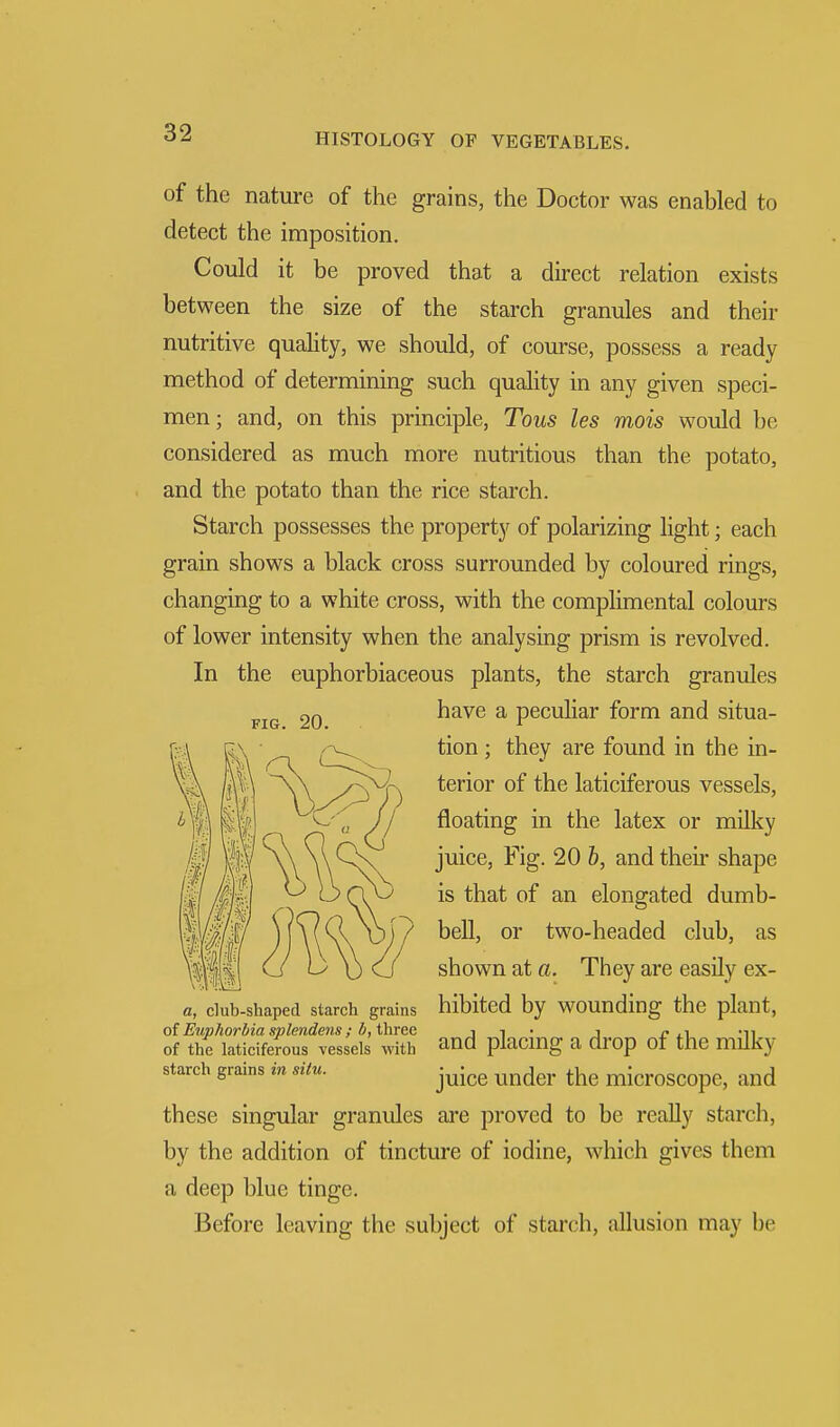 of the nature of the grains, the Doctor was enabled to detect the imposition. Could it be proved that a direct relation exists between the size of the starch granules and their nutritive quality, we should, of course, possess a ready method of determining such quality in any given speci- men; and, on this principle, Tous les mois would be considered as much more nutritious than the potato, and the potato than the rice starch. Starch possesses the property of polarizing light; each grain shows a black cross surrounded by coloured rings, changing to a white cross, with the complimental colours of lower intensity when the analysing prism is revolved. In the euphorbiaceous plants, the starch granules have a peculiar form and situa- tion ; they are found in the in- terior of the laticiferous vessels, floating in the latex or milky juice, Fig. 20 b, and their shape is that of an elongated dumb- bell, or two-headed club, as shown at a. They are easily ex- hibited by wounding the plant, and placing a drop of the milky juice under the microscope, and these singular granules are proved to be really starch, by the addition of tincture of iodine, which gives them a deep blue tinge. Before leaving the subject of starch, allusion may be FIG. 20. a, club-shaped starch grains of Euphorbia splendens ; b, three of the laticiferous vessels with starch grains in situ.