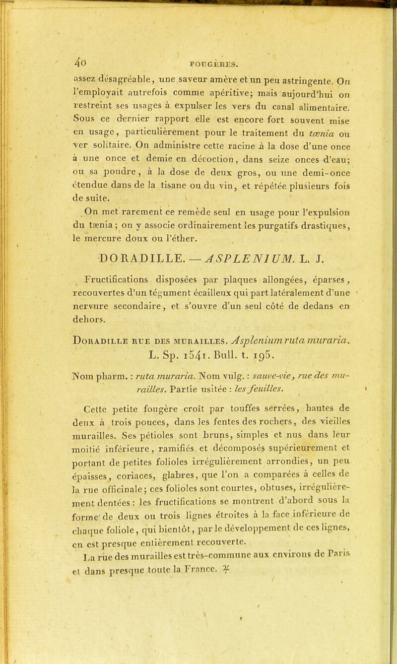 assez désagréable, une saveur amère et un peu astringente. On l'employait autrefois comme apéritive; mais aujourd'hui on restreint ses usages à expulser les vers du canal alimentaire. Sous ce dernier rapport elle est encore fort souvent mise en usage, particulièrement pour le traitement du tœnia ou ver solitaire. On administre cette racine A la dose d'une once à une once et demie en décoction, dans seize onces d'eau; ou sa poudre, à la dose de deux gros, ou une demi-once étendue dans de la tisane ou du vin, et répétée plusieurs fois de suite. > On met rarement ce remède seul en usage pour l'expulsion du trenia ; on y associe ordinairement les purgatifs drastiques, le mercure doux ou l'éther. 'DOV^Amh'L^. — ASPLENIUM. L. J. Fructifications disposées par plaques allongées, épai'ses, recouvertes d'un tégument écailleux qui part latéralement d'une nervure secondaire, et s'ouvre d'un seul côté de dedans en dehors. DoRADiLLE RUE DES MURAILLES. Aspleniumrutamuraria. L. Sp. i54i- Bull. t. 195. Nom pharm. : ruta muraria. Nom vulg. : sauve-vie, rue des mu- railles. Partie usitée : les feuilles. Cette petite fougère croît par touffes serrées, hautes de deux à trois pouces, dans les fentes des rochers, des vieilles murailles. Ses pétioles sont bruns, simples et nus dans leur moitié Inféx'ieure, ramifiés et décomposés supérieurement et portant de petites folioles irrégulièrement arrondies, un peu épaisses, coriaces, glabres, que l'on a comparées à celles de la rue officinale; ces folioles sont courtes, obtuses, irrégulière- ment dentées : les fructifications se montrent d'abord sous la forme' de deux ou trois lignes étroites à la fiice inférieure de chaque foliole, qui bientôt, par le développement de ces lignes, en est presque entièrement recouverte. La riie des murailles est très-commune aux environs de T.nris et dans presque toute la France. 2£ \