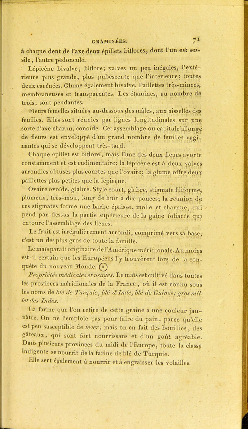 à chaque dent de l'axe deux épillets biflores, dont l'un est ses- sile, l'autre pédonculé. Lépicène bivalye, biflore; yalves un peu inégales, l'exté- rieure plus grande, plus pubescente que l'intérieure; toutes deux carénées. Glume également bivalve. Paillettes très-minces, membraneuses et transparentes. Les étamines, au nombre de trois, sont pendantes. Fleurs femelles situées au-dessous des mâles, aux aisselles des feuilles. Elles sont réunies par lignes longitudinales sur une sorte d'axe charnu, conoïde. Cet assemblage ou capitule'allpngé de fleurs est enveloppé d'un grand nombre de feuilles ya^fiy nantes qui se développent très-tard. , Chaque épillet est biflore, rnais l'une des deux fleurs avorte constamment et est rudlmentalre; la lépicèpe est à deux valves arrondies obtuses plus courtes que l'ovaire; la glume offr.e deu:ç paillettes plus petites que la lépicçne. Ovaire ovoïde, glabre. Style court, glabre, stigmate filiforme, plumeux, très-mou, long de huit à dix pouces; la réunipp de ces stigmates forme une barbe épaisse, molle et charnue, qui pend par-dessns la partie supérieure delà gaîne foliacée quj: entoure l'assemblage des fleurs. Le fruit est irrégulièrement arrondi, comprimé vers sa base; c'est un des plus gros de toute la famille. Le maïs paraît originaire del'Amérique méridionale. Au moins est-il certain que les Européens l'y trouv.èrent lor^ de la con- quête du nouveau Monde. Propriétés médicales et usages. Le maïs est cultivé dans toutes les provinces méridionales de la France, où il est connu sous les noms de blé de Turquie, blé d'Inde, blé de Guinée; gros mil- let des Indes. La farine que l'on retire de cette graine a une couleur jau- nâtre. On ne l'emploie pas pour faire du pain, parce qu'elle est peu susceptible de lever; mais on en fait des bouillies, des gâteaux, qui sont fort nourrissans et d'un goût agréable. Dans plusieurs provinces du midi de l'Europe, toute la classe indigente se nourrit delà farine de blé de Turquie. Elle sert également à nourrir et à engraisser les volailles.