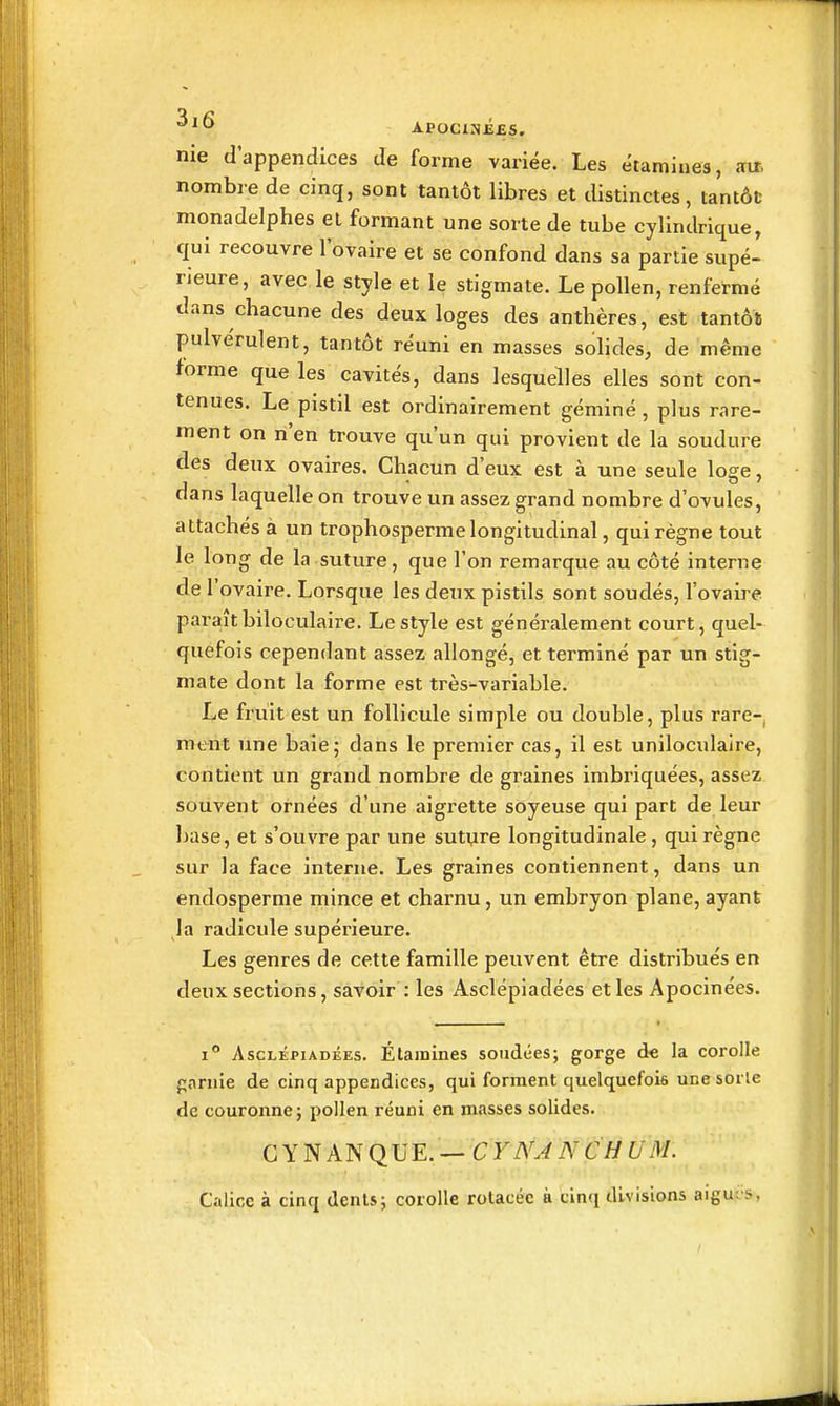 nie d'appendices de forme variée. Les étamiues, au. nombre de cinq, sont tantôt libres et distinctes, tantôt monadelphes et formant une sorte de tube cylindrique, qui recouvre l'ovaire et se confond dans sa partie supé- rieure, avec le style et le stigmate. Le pollen, renfermé dans chacune des deux loges des anthères, est tantôt pulvérulent, tantôt réuni en masses sohdes, de même forme que les cavités, dans lesquelles elles sont con- tenues. Le pistil est ordinairement géminé, plus rare- ment on n'en trouve qu'un qui provient de la soudure des deux ovaires. Chacun d'eux est à une seule lose, dans laquelle on trouve un assez grand nombre d'ovules, attachés à un trophosperme longitudinal, qui règne tout le long de la suture, que l'on remarque au côté interne de l'ovaire. Lorsque les deux pistils sont soudés, l'ovaire paraît biloculaire. Le style est généralement court, quel- quefois cependant assez allongé, et terminé par un stig- mate dont la forme est très^variable. Le fruit est un follicule simple ou double, plus rare-^ ment une baie; dans le premier cas, il est uniloculaire, contient un grand nombre de graines imbriquées, assez souvent ornées d'une aigi'ette soyeuse qui part de leur l)ase, et s'ouvre par une suture longitudinale , qui règne sur la face interne. Les graines contiennent, dans un endosperme mince et charnu, un embryon plane, ayant la radicule supérieure. Les genres de cette famille peuvent être distribués en deux sections, savoir : les Asclépiadées et les Apocinées. 1° Asclépiadées. Étainines soudées; gorge de la corolle f;aruie de cinq appendices, qui forment quelquefois unesorle de couronne; pollen réuni en masses solides. Calice à cinq dents; corolle rotacéc à cinq divisions aiguvs,