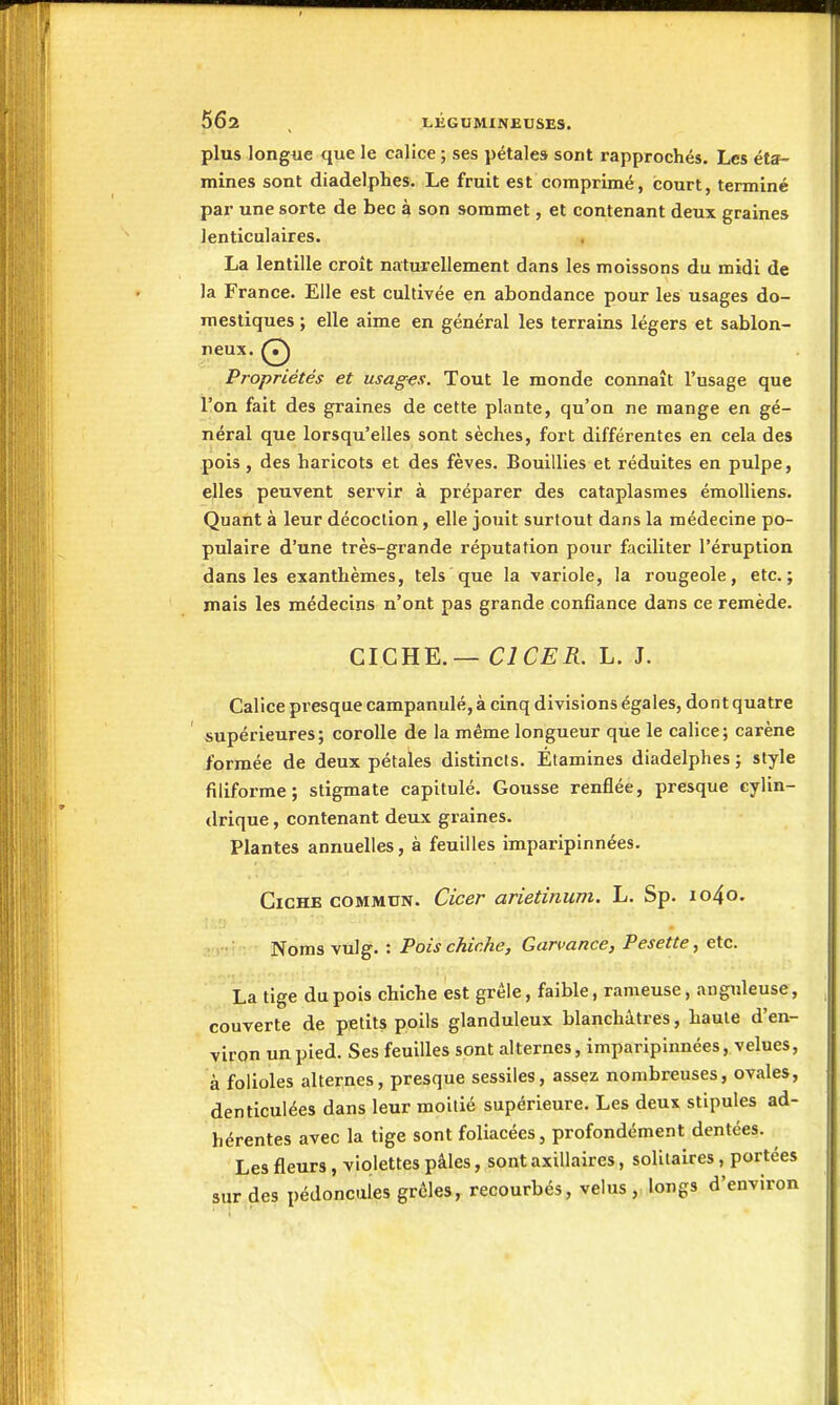 plus longue que le calice ; ses pétales sont rapprochés. Les éta- mines sont diadelphes. Le fruit est comprimé, court, terminé par une sorte de bec à son sommet, et contenant deux graines lenticulaires. La lentille croit naturellement dans les moissons du midi de la France. Elle est cultivée en abondance pour les usages do- mestiques ; elle aime en général les terrains légers et sablon- neux. Propriétés et usages. Tout le monde connaît l'usage que l'on fait des graines de cette plante, qu'on ne mange en gé- néral que lorsqu'elles sont sèches, fort différentes en cela des pois , des haricots et des fèves. Bouillies et réduites en pulpe, elles peuvent servir à préparer des cataplasmes émolliens. Quant à leur décoction, elle jouit surtout dans la médecine po- pulaire d'une très-grande réputation pour faciliter l'éruption dans les exanthèmes, tels que la variole, la rougeole, etc.; mais les médecins n'ont pas grande confiance dans ce remède. CICHE.— C7C^:iï. L. J. Calice presque campanule, à cinq divisions égales, dont quatre supérieures; corolle de la même longueur que le calice; carène formée de deux pétales distincts. Étamines diadelphes; style filiforme; stigmate capitulé. Gousse renflée, presque cylin- drique , contenant deux graines. Plantes annuelles, à feuilles imparipinnées. GicHE COMMUN. Cicev arietinum. L. Sp. io4o. Noms vulg. : Pois chiche, Garvance, Pesette, etc. La tige du pois chiche est grêle, faible, rameuse, anguleuse, couverte de petits poils glanduleux blanchâtres, haute d'en- viron un pied. Ses feuilles sont alternes, imparipinnées, velues, à folioles alternes, presque sessiles, assez nombreuses, ovales, denticulées dans leur moitié supérieure. Les deux stipules ad- hérentes avec la tige sont foliacées, profondément dentées. Les fleurs, violettes pâles, sont axillaires, solitaires, portées sur des pédoncules grêles, recourbés, velus,, longs d'environ