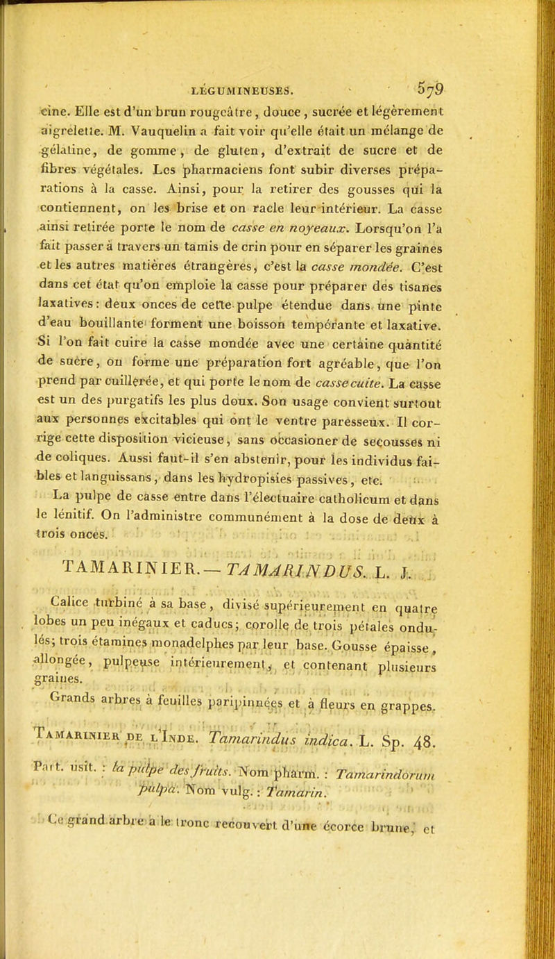 eine. Elle est d'un brun rougcâtre, douce, sucrée et légèrement aigreletle. M. Vauquelin a fait voir qu'elle était un mélange de gélatine, de gomme, de gluten, d'extrait de sucre et de fibres végétales. Les pharmaciens font subir diverses prépa- rations à la casse. Ainsi, pour la retirer des gousses qui la contiennent, on les brise et on racle leur intérieur. La casse ainsi retirée porte le nom de casse en noyeaux. Lorsqu'on l'a fait passera travers un tamis de crin pour en séparer les graines et les autres matières étrangères, c'e%\.\a casse mondée. C'est dans cet état qu'on emploie la casse pour préparer des tisanes laxatives: deux onces de cette pulpe étendue dans une pinte d'eau bouillante' forment une boisson tempérante et laxative. Si l'on fait cuire la casse mondée avec une certaine quantité de sucre, ou forme une préparation fort agréable, que l'on prend par ouillçrée, et qui porte le nom de cassecuite. La casse est un des purgatifs les plus doux. Son usage convient surtout aux personnes ekcitables qui ont le ventre paresseux. Il cor- rige cette disposition vicieuse, sans occasionerde secousses ni de coliques. Aussi faut-il s'en abstenir, pour les individus fai- bles et languissans, dans les bydropisies passives, etc. La pulpe de casse entre dans l'électuaire catholicum et dans le lénitif. On l'administre communément à la dose de detïx à trois onces. TAMARINIER.-7^^i)/^^,/V^£>i^^.^:j,. Calice .tufbiné à sa base , divisé supérieurement'en q^atre lobes un peu inégaux et caducs; corollc.de trois pétales ondu- lés; trois étamines monadelphes par leur .base. Gousse épaisse allongée, pulpeuse intérieurement, et contenant plusieurs graines. Grands arbrçs à feuilles paripinné^s et ,à fleurs en grappes. Tamarinier- de, t^ÏNDii, ' Slwai:»^^'^i^a'. X. Sp. 48. -iPàrt'/usit. : ia pù^e deiji^kil^iom '^&nii. : Tamarindorum pulpa. l>{om yu\^.: Tamarin. Ce:gfànd arbre>a;te. tronc recouvert d'une ccorce bnin«; et