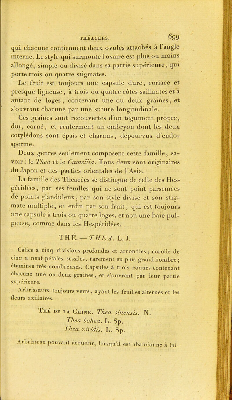 THEACEES. qui chacune contiennent deux ovules attachés à. l'angle interne. Le style qui surmonte l'ovaire est plus ou moins allongé, simple ou divisé dans sa partie supérieure, qui porte trois ou quatre stigmates. Le fruit est toujours une capsule dure, coriace et presque ligneuse , à trois ou quatre côtes saillantes et à autant de loges, contenant une ou deux graines, et s'ouvrant chacune par une suture longitudinale. Ces graines sont recouvertes d'un tégument propre, dur, corné, et renferment un embryon dont les deux cotylédons sont épais et charnus, dépourvus d'endo- spermè. Deux genres seulement composent cette famille, sa- voir ; le Tkea et le Camellia. Tous deux sont originaires du Japon et des parties orientales de l'Asie. La famille des Théacées se di&tingue de celle des Hes- péridées, par ses feuilles qui ne sont point parsemées de points glanduleux, par son style divisé et son stig- mate multiple, et enfin par son fruit, qui est toujours une capsule à trois ou quatre loges, et non une baie pul- peuse, comme dans les Hespéridées. THÉ. — r///?^. L. J. Calice à cinq divisions profondes et arrondies ; corolle de cinq à neuf pétales sessiles, rarement en plus grand nombre; étamines très-nombreuses. Capsules à trois coques contenant chacune une ou deux graines, et s'ouvrant par leur partie supérieure. Arbrisseaux toujours verts , ayant les feuilles alternes et les fleurs axillaires. Thé de la Chine. Thea sinensis. N. Thea bohea. L. Sp. Thea -viridis. L. Sp. Arbrisseau pouvant acquérir, lorsqu'il est abandonne à lui-