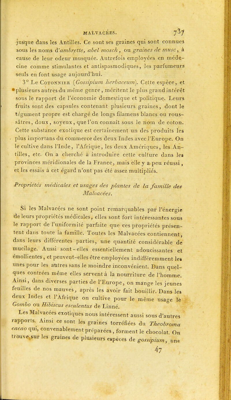 MAtVAcÊES. j'^'f jusque dans les Antilles. Ce sont ses graines qui sont connues sous les noms à'amhretle, abel mosch, ou graines de musc, à cause de leur odeur musquée. Autrefois employées en méde- cine comme stimulantes et antispasmodiques, les jsarfumeurs seuls en font usage aujourd'hui. 3° Le Cotonnier {Gossipium herbaceum). Celte espèce, et •plusieurs autres du même genre, méritent le plus grand intérêt sous le rapport de l'économie domestique et politlqu^. Leurs fruits sont des capsules contenant plusieurs graines, dont le tégument propre est chargé de longs filamens blancs ou rous- sâlres, doux, soyeux, que l'on connaît sous le nom de coton. Cette substance exotique est certainement un des produits les • plus importans du commerce des deux Indes avec l'Europe. On le cultive dans l'Inde, l'Afrique, les deux Amériques, les An- tilles, etc. On a cherché à introduire cette culture dans les provinces méridionales de la France, mais elle y a peu réussi, et les essais à cet égard n'ont pas été assez multipliés. Propriétés médicales et usages des plantes de la famille des Malvacées. Si les Malvacées ne sont point remarquables par l'énergie de leurs propriétés médicales, elles sont fort intéi'essantes sous le rapport de l'uniformité parfaile que ces ptopriétés présen- tent dans toute la famille. Toutes les Malvacées contiennent, dans leurs différentes parties, une quantité considérable de mucilage. Aussi sont-elles essentiellement adoucissantes et émollientes, et peuvent-elles être employées indifféremment les unes pour les autres sans le moindre inconvénient. Dans quel- ques contrées même elles servent à la nourriture de l'homme. Ainsi, dans diverses parties de l'Europe, on mange les jeunes feuilles de nos mauves, après les avoir fait bouillir. Dans lés deux Indes et l'Afrique on cultive pour le même usage lê Gombo ou Hibiscus esculentus de Linné. Les Malvacées exotiques nous intéressent aussi sous d'autres rapports. Ainsi ce sont les graines torréfiées du Theobroma cacao qui, convenablement préparées , forment le chocolat On trouve^sur les graines de plusieurs espèces de gossipium, une 47