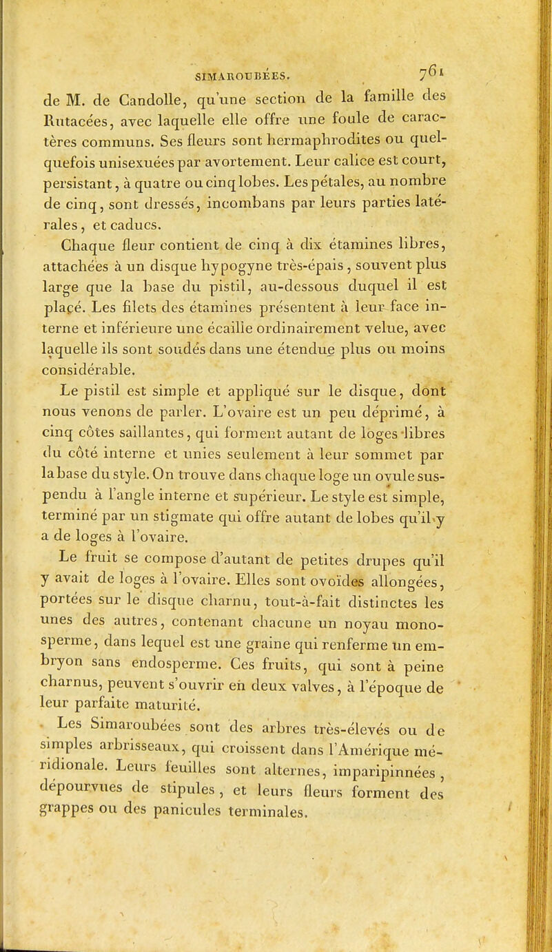 de M. de Candolle, qu'une section de la famille des Rutacées, avec laquelle elle offre une foule de carac- tères communs. Ses fleurs sont hermaphrodites ou quel- quefois unisexuéespar avortement. Leur calice est court, persistant, à quatre oucinqlohes. Les pétales, au nombre de cinq, sont dressés, incombans par leurs parties laté- rales , et caducs. Chaque fleur contient de cinq à dix étamines libres, attachées à un disque hypogyne très-épais, souvent plus large que la base du pistil, au-dessous duquel il est plaçé. Les filets des étamines présentent à leui^ face in- terne et inférieure une écaille ordinairement velue, avec laquelle ils sont soudés dans une étendue plus ou moins considérable. Le pistil est simple et appliqué sur le disque, dont nous venons de parler. L'ovaire est un peu dépiùmé, à cinq côtes saillantes, qui forment autant de loges-libres du coté interne et unies seulement à leur sommet par la base du style. On trouve dans chaque loge un ovule sus- pendu à l'angle interne et supérieur. Le style est simple, terminé par un stigmate qui offre autant de lobes qu'iby a de loges à l'ovaire. Le fruit se compose d'autant de petites drupes qu'il y avait de loges à l'ovaire. Elles sont ovoïdes allongées, portées sur le disque charnu, tout-à-fait distinctes les unes des autres, contenant chacune un noyau mono- sperme, dans lequel est une graine qui renferme un em- bryon sans endosperme. Ces fruits, qui sont à peine charnus, peuvent s'ouvrir eh deux valves, à l'époque de leur parfaite maturité. Les Simaroubées sont des arbres très-élevés ou de simples arbrisseaux, qui croissent dans l'Amérique mé- ridionale. Leurs feuilles sont alternes, imparipinnées , dépourvues de stipules, et leurs fleurs forment des grappes ou des panicules terminales.