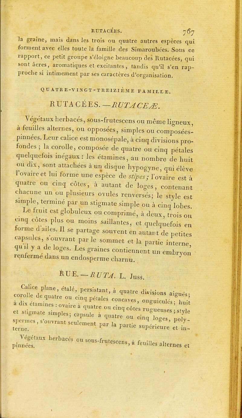 RUTACÉliS. yGy Ja graine, mais dans les trois ou quatre autres espèces qui forment avec elles toute la famille des Siraaroubées. Sous ce rapport, ce petit groupe s'éloigne beaucoup des Rutacées, qui sont acres, aromatiques et excitantes, tandis qu'il s'en rap- proche si intimement par ses caractères d'organisation. QUATRE-VINGT-TREIZIÈME FAMILLE. RVTA CÉES. —RUTACE^E. Végétaux herbacés, sous-frutescens ou même ligneux, à feuilles alternes, ou opposées, simples ou composées- pinnées. Leur calice est monosépale, à cinq divisions pro- fondes ; la corolle, composée de quatre ou cinq pétales quelquefois inégaux: les étamines, au nombre de huit ou dix, sont attachées à un disque hypogyne, qui élève 1 ovaire et lui forme une espèce de stipes; l'ovaire est à quatre ou cinq côtes, à autant de loges, contenant chacune un ou plusieurs ovules renversés,- le style est simple, terminé par un stigmate simple ou à cinq lobes Le fruit est globuleux ou comprimé, à deux, trois ou cinq cotes plus ou moins saillantes, et quelquefois en forme d ailes. Jl se partage souvent en autant de petites capsules, «ouvrant parle sommet et la partie interne quil y a de loges. Les graines contiennent un embryon renferme dans un endosperme charnu. Calice plane, étalé, persistant, à quatre divisions aiguës co ol,e de quatre ou cinq pétales concaves, onguiculét-^hu ^ a dix etammes : ovaire-i mT-it..» V, ■ - ' ëicuics, hmt ...bacs -so.-f„.e.e„s,à fc„i„.3U.„es «