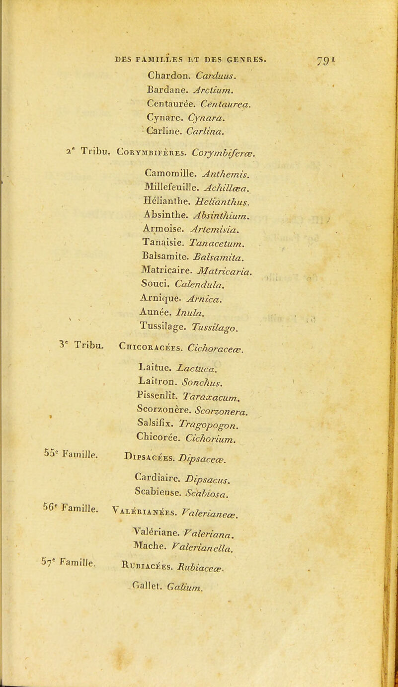 Chardon. Cardum. Eardane. Arcliurn. Centaurée. Centaurea. Cynare. Cjnara. ■ Carllne. Carlina. i Tribu, CoRYMBiFÈRES. Corjmhiferœ. Camomille. Anthémis. Millefeuille. Achillœa. Hélianthe. Helianthus. Absinthe. Absinthium. Armoise. Artemixia. Tanaisie. Tanacetum. Balsamite. Balsamita. Matricaire. Matricaria. Souci. Calendula. Arnique. Arnica. Aunée. Inula. Tussilage. Tussilago. 3' Tribu. Chicoracées. Cichoraceœ. Laitue. Lactuca. Laitron. Sonchus. Pissenlit. Taraccacum. Scorzonère. Scorzonera. Salsifix. Tragopogon. Chicorée. Cichorium. 55» Famille. Dipsacées. Dipsaceœ. Cardiairc. Dipsacus. Scabieuse. Scàhiosa. 56« Famille. Valérianées. Valerianeœ. Valériane. Faleriana. Mâche. Valerianclla. 57' Famille. Rubiacées. Ruhiaccœ. C.allet. Galium.