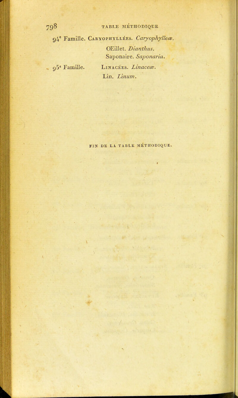 g4' Famille. Caryophyllées. CarjophjHeœ. OEillet. Bianthus. Saponaire. Saponaria. ^ 95° Famille. Linacées. Linaceœ. Lin. Linum. FIN DE LA TABLE MÉTHODIQUE.