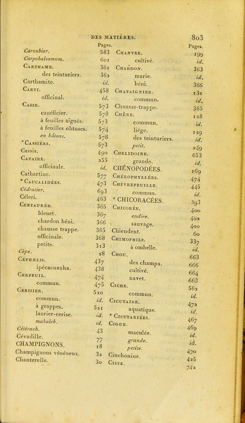 Caroubier. Carpobalsamttni. Carthame. des teinturiers. Carthamite. CiRvr. officinal. Casse. canéficier. à feuilles aiguës, à feuilles obtuses. en bâtons. * Cassiées. Cassis. Cataiee. officinale. Cathartine. * Caucalidées. Cédratier. Céleri. Centaurée. bleuet, chardon béni, chausse trappe, officinale, petite. Cèpe. Céph^lis. ipécacuanha. Cerfeuil. commun. Cerisier. commun. à grappes. laurier-cerise. mahaleb. Cétérach. Cévadille. CHAMPIGNONS. Champignons vénéneux. Chanterelle. 601 36r 362 id. DES MATIERES. Pages. 583 Chaiîvre. cultivé. Chardon. marie, béni. 458 Châtaignier. ■ commun. 573 Chausse-trappe. 578 Chêne. ^7^ commun. 574 liège. 578 des teinturiers. 573 petit. 490 Chelidoihe. 255 grande. id. CHÉNOPODÉES. 577 ChÉROI'HYZLÉES. 473 Chèvrefeuille. 693 commun. 463 * CHICORACÉES. 365 Chicorée. 367 endive. 366 X sauvage. 365 Chiendent. 368 Chikiophile. à ombelle. 28 Chou. 437 des champs. 438 cultivé. 474 navet. 475 Ciche. 520 id. 521 commun. C1CUTAIHE. aquatique. * CiCUTARIÉES. CiGUE. maculée. grande, petite. 3a Cinchonine. 3o Ciste. id. id. 43 77 18 8o3 Pages. 199 id. 363 id. 366 i3i id. 365 ia8 îd. 129 id. 249 653 id. 169 474 445 id. 393 4oo 4oa 4oo 60 337 id. 663 666 664 663 562 id. 472 id. 467 469 id. id. 470 425 742