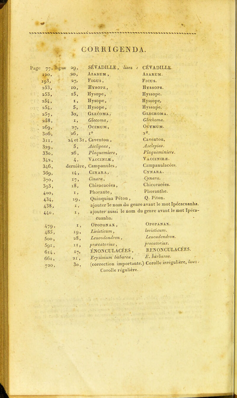 CORRIGENDA. l>ago 77,îigiic 29, 193. 253, a53, 254, 254, 257, 258. 269, 3 06, 3ii, 329, 33o, 342, 346, 369, 370, 393, 400, 434, 438. 440, 479. 485, 5oo, 591. 614, 66r, 720, ao, 27, 10, i5, I, 5, 3o, I, 27. 26, 24 et 3r, 5, 26, 4, dernière, 14, 17. 18, 19. I > i> 19. 28, 17. 21 , 3o, SÉVADILLE, lisez AzARtTM , FiGUS , Hysope, Hysope, Hysope, Hysope, GlEéOMA, Glecoina, OoiMUM, 1° Caventou , Asclipeas, Plaquemiers, Vaccini^ , Campanules, ClIîARA, Cinara, Chirocacées, Phorante, Quinquina Péton, CÉVADILLE. ASARUM. Ficus. Hyssopk. Hyssope. Hyssope, Hyssope. Glechoma. Gl'ichoma. OcYMUM. 20. Caventou, Asclepias. Plaqueminiert. VACCINIE;E. Campanulacée.s. Cynara. Cynara, Chicoracées. Plioranthe. Q. Piton. ajouter le nom du genre avant le mot Ipécacnanha. ajouter aussi le nom du genre avant le mot Ipéca- cuanba. OporoHAX, Livislicum, Leucrjdendron, prcecatorius, ÉNOINCULACÉES , Erjsimum baharea , OrorANAx. levisticuni. Leacadendron. precatorius. RENONCULACÉES. E. larbarea. (correction importante.) Corolle irrégulière, lisez ; Corolle régulière.