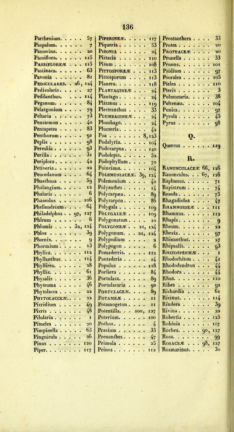 Parthenium 5? Paspalum 7 Passerina 30 Passiflora. ii5 PassiflorEj^ . . , h5 Pastinaca. 63 Pavonia 81 Pediculares. . a6, 124 Pedicularis 37 Pedilanthus. ... ïi4 Peganum 84 Pelargonium .... 79 Peltaria 73 Penstemon 4° Pentapctes ..... 83 Penthorum. .... 91 Peplis 98 Pereskia ...... Perilla 3i Periploca. ..... 4^ Pctiveria...... 22 Peutedanum .... 64 Phaethusa Sg Phalangium 12 Phalaris 6 Phaseolus ..... 106 Phellandrium. ... 64 Philadelphns • . 97, 127 Phleum ...... 6 Phlomis .... 32, 124 PhloK 39 Phœnix 9 Phormium i3 Phylica na PhyUanthus ii4 Phyllirea 28 Phyllis 61 Physalis 36 Phyteuma 4^ Phylolacca 22 Phïtolacce^. . . . 22 Picridium 49 Piiris 48 Pilularia i Pimelea 20 Pimpinella 63 Pingulcula ..... 26 Pinus 120 Piper 117 PlPERlNEiE M 7 Piqueria, 53 PiSOKiA ...... 24 Pistacia 110 Pisum io8 PjTTOSPOREiE . . . Il3 Piltôsporum ... . ii3 Planera 118 Plantaginejï: ... 24 Plantago 24 Platanus 119 Plectranthus .... 33 Plumbagine^ ... 24 Pliimbago 24 Plunreria ^1 Poa 8,123 Podalyria io4 Podotarpus 120 Podolepis 52 Podophyllum. ... 70 Poinciana io4 PoLEMONIACEffi. 39, 124 Polemonium .... 4° Polyanthes i4 Polycarpeea 89 Polycarpon 86 Polygala 109 POLVGALE^ .... 109 Polygonatiim.... 10 PolygonEjï: . . 21, 124 Polygonum. . . 21, 124 Polypodium .... 3 Polypogon 6 Pomaderris 112 Pontedcria i4 Populus 118 Porliera 84 Portulaca 89 Portulacaria .... go PoRTULACEvE. ... 89 PoTAME^ 11 Polamogeton .... n Polenlilla. . . 100, 127 Poterium 100 Polhos 4 Prasium 33 Prenanlhes 4? Primula aS Prinos 112 Prostanthera .... 33 Protea 20 Proteace^ï .... 20 Prunella 33 Pninas. ...... loi Psidium 97 Psoralea io5 Ptelea 110 Pteris 3 Pulmonaria 38 Pultenaea io4 Punica 97 Pyrola 45 Pyrus 98 Quercus 119 R. RANONCOtACE^ 66, 126 Pianunculus. . . 67, 126 Raphanus. ..... 71 Rapistruiù 74 Reseda 75 Rhagadiolus .... 4? RhamnoidEjï: ... m Rhamnus 112 Rbapis 9 Rheum 2a Rhena 97 Rhinanthus 37 Rhipsalis g3 RhizoSpèrm/e ... 1 Rhodochiton .... 4' Rhododendron ... 44 Rhodofa 44 RhuS iio Ribes 92 Richardia 6i Ricinus n4 Rindera ...... 39 Rivina . aa Robertia laS Robiniâ 107 Rochea 90, 127 Rosa 99 RosacEj* ... 98, 127 RosrtiariûuS 3o