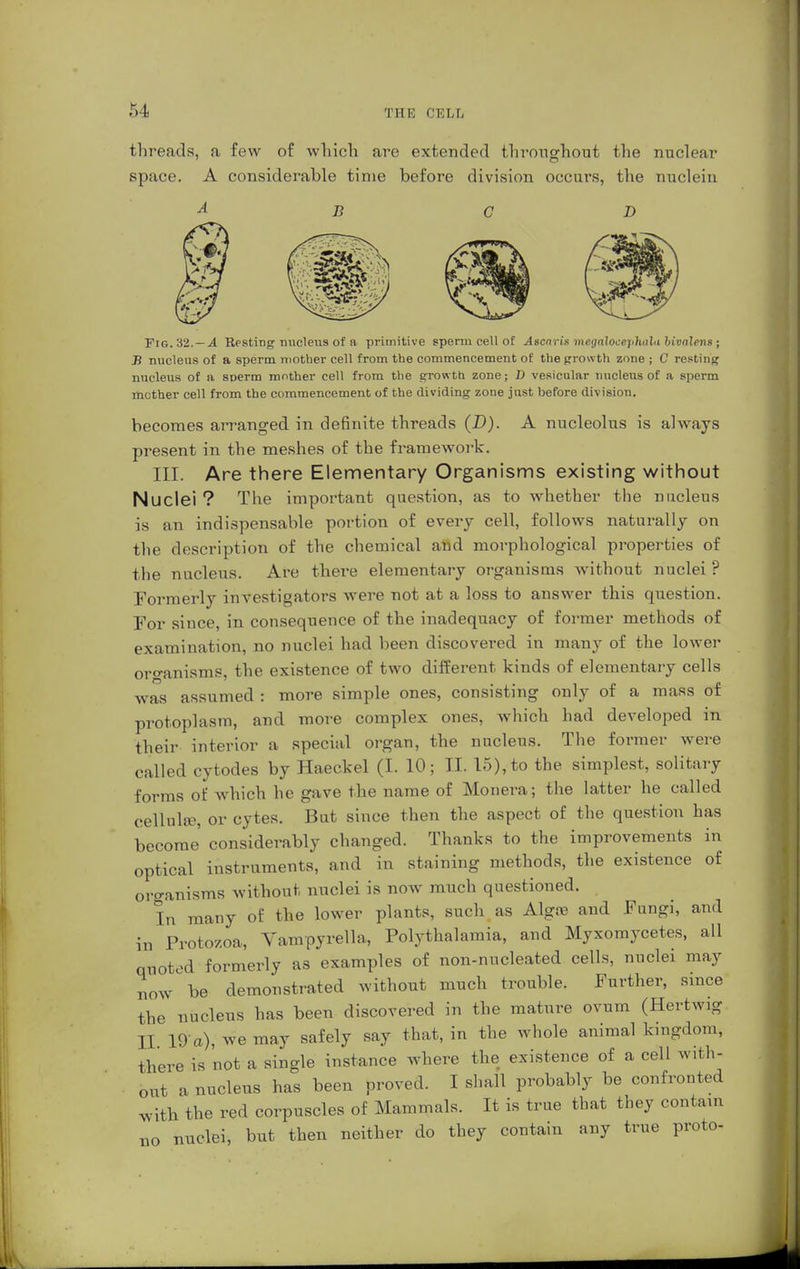 r,4 threads, a few of which are extended throughout the nuclear space. A considerable time before division occurs, the nuclein A B CD Fig. '62. —A Resting nucleus of a. primitive sperm cell of Ascaris megalocepluihi bivalens ; B nucleus of a sperm mother cell from the commencement of the growth zone ; C resting nucleus of a sperm mother cell from the growth zone; D vesicular nucleus of a sperm mother cell from the commencement of the dividing zone just before division. becomes arranged in definite threads (D). A nucleolus is always present in the meshes of the framework. III. Are there Elementary Organisms existing without Nuclei ? The important question, as to whether the nucleus is an indispensable portion of every cell, follows naturally on the description of the chemical and morphological properties of the nucleus. Are there elementary organisms without nuclei? Formerly investigators were not at a loss to answer this question. For since, in consequence of the inadequacy of former methods of examination, no nuclei had been discovered in many of the lower oro-anisms, the existence of two different kinds of elementary cells Avas assumed : more simple ones, consisting only of a mass of protoplasm, and more complex ones, which had developed in their interior a special organ, the nucleus. The former were called cytodes by Haeckel (I. 10; II. 15), to the simplest, solitary forms of which he gave the name of Monera; the latter he called cellulse, or cytes. But since then the aspect of the question has become' considerably changed. Thanks to the improvements in optical instruments, and in staining methods, the existence of oro-anisms without nuclei is now much questioned. In many of the lower plants, such as Alga? and Fungi, and in Protozoa, Vampyrella, Polythalamia, and Myxomycetes, all quoted formerly as examples of non-nucleated cells, nuclei may now be demonstrated without much trouble. Further, since the nucleus has been discovered in the mature ovum (Hertwig II 19'a), we may safely say that, in the whole animal kingdom, there is 'not a single instance where the existence of a cell with- out a nucleus has been proved. I shall probably be confronted with the red corpuscles of Mammals. It is true that they contain no nuclei, but then neither do they contain any true proto-