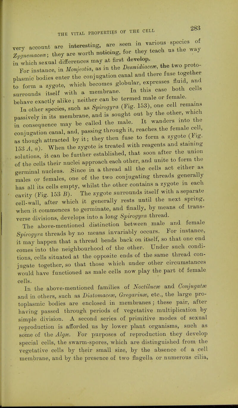 very account are interesting, are seen in various species of 7 they are worth noticing, for they teach us the way in which sexual differences may at first develop. Tor instance, in Monjeotia, as in the ^^^^ plasmic bodies enter the conjugation cana and there fas together to form a zygote, which becomes globular, expresses fluid, and ur rounds ittlf with a membrane. In this case both cells behave exactly alike ; neither can be termed male or female. la other species, such as Spirogyra (Fig. 153), one cell remains passively in its membrane, and is sought out by the other which in consequence may be called the male. It wanders mo the conjugation canal, and, passing through it, reaches the female cell, as though attracted by it; they then fuse to form a zygote (Fig. 153 A a) When the zygote is treated with reagents and staining solutions, it can be further established, that soon after the union of the cells their nuclei approach each other, and unite to form the terminal nucleus. .Since in a thread all the cells act either as males or females, one of the two conjugating threads generally has all its cells empty, whilst the other contains a zygote m each cavity (Fio- 153 B). The zygote surrounds itself with a separate cell-wall °after which it generally rests until the next spring, when it commences to germinate, and finally, by means of trans- verse divisions, develops into a long Spirogyra thread. The above-mentioned distinction between male and female Spirogyra threads by no means invariably occurs. For instance, it may happen that a thread bends back on itself, so that one end comes into the neighbourhood of the other. Under such condi- tions, cells situated at the opposite ends of the same thread con- jugate together, so that those which under other circumstances would have functioned as male cells now play the part Of female cells. In the above-mentioned families of Noctilucas and Conjugate and in others, such as Diatomacese, Gregarinse, etc., the large pro- toplasmic bodies are enclosed in membranes ; these pair, after having passed through periods of vegetative multiplication by simple division. A second series of primitive modes of sexual reproduction is afforded us by lower plant organisms, such as some of the Algse. For purposes of reproduction they develop special cells, the swarm-spores, which are distinguished from the vegetative cells by their small size, by the absence of a cell membrane, and by the presence of two flagella or numerous cilia,