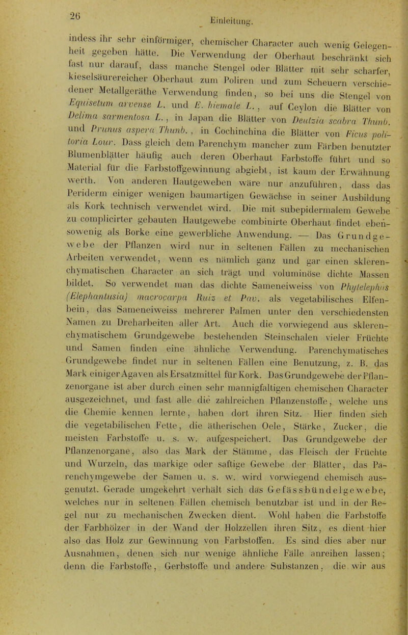 ~^ Jainleilung. indess ihr sehr einförmiger, chemischer Gharacter auch wenig Gelegen- heit gegeben hätte. Die Verwendung der Oberhaut besciiränlct sich ast nur darauf, dass manche Stengel oder Blätter mit sehr scharfer kieselsäurereicher Oberhaut zum Poliren und zum Scheuern verschie- dener Metallgeräthe Verwendung finden, so bei uns die Stengel von hcpasetum arvense L. und E. hkmale L., auf Ceylon die Blätter von Delima sarmentosa L., in Japan die Blätter von Deulzia scabra Thunb und Prunus aspera Thunb. , in Gochinchina die Blätter von Ficus poli- toria Low. Dass gleich dem Parenchym mancher zum Färben benutzter Blumenblätter häufig auch deren Oberhaut Farbstoffe führt und so Material für die Farbstoff-gewinnung abgiebt, ist kaum der Erwähnung Werth. Von anderen Hautgeweben wäre nur anzuführen, dass das Periderm einiger wenigen baumartigen Gewächse in seiner Ausbildung als Kork technisch verwendet wird. Die mit subepidermalem Gewebe zu complicirter gebauten Hautgewebe combiuirte Oberhaut findet eben- sowenig als Borke eine gewerbliche Anwendung. — Das Grundge- webe der Pflanzen wird nur in seltenen Fällen zu mechanischen Arbeiten verwendet, w^enn es nämlich ganz und gar einen skleren- chymatischen Gharacter an sich trägt und voluminöse dichte Massen bildet. So verwendet man das dichte Sameneiweiss von Phylelephas (Elep/iantusia) macrocarpa Ruiz et Pnv. als vegetabilisches Elfen- bein, das Sameneiweiss mehrerer Palmen unter den verschiedensten Namen zu Dreharbeiten aller Art. Auch die vorwiegend aus skleren- chymatiscliem Grundgewebe bestehenden Steinschalen vieler Früchte und Samen finden eine ähnliche Verwendung. Parenchymatisches Gruudgewebe findet nur in seltenen Fällen eine Benutzung, z. B. das Mark einiger Agaven als Ersatzmittel für Kork. Das Grundgewebe der Pflan- zenorgane ist aber durch einen sehr mannigfaltigen chemischen Gharacter ausgezeichnet, und fast alle die zahlreichen Pflanzenstoffe, welche uns die Chemie kennen lernte, haben dort ihren Silz. Hier finden sich die vegetabilischen Fette, die ätherischen Oele, Stärke, Zucker, die meisten Farbstoffe u. s. w. aufgespeichert. Das Grundgewebe der Pflanzenorgane, also das Mark der Stämme, das Fleisch der Früchte und Wurzeln, das markige oder saftige Gewebe der Blätter, das Pa- reuchymgewebe der Samen u. s. w. wird vorwiegend chemisch aus- genutzt. Gerade umgekehrt verhält sich das Gefässbündelgewebe, welches nur in seltenen Fällen chemisch benutzbar ist und in der Re*- gel nur zu mechanischen Zwecken dient, Wohl haben die Farbstoffe der Farbhölzer in der Wand der Holzzellen ihren Sitz, es dient hier also das Holz zur Gewinnung von Farbstoffen. Es sind dies aber nur Ausnahmen, denen sich nur wenige ähnliche Fälle anreihen lassen; denn die Farbstoffe, Gerbstoffe und andere Substanzen, die wir aus