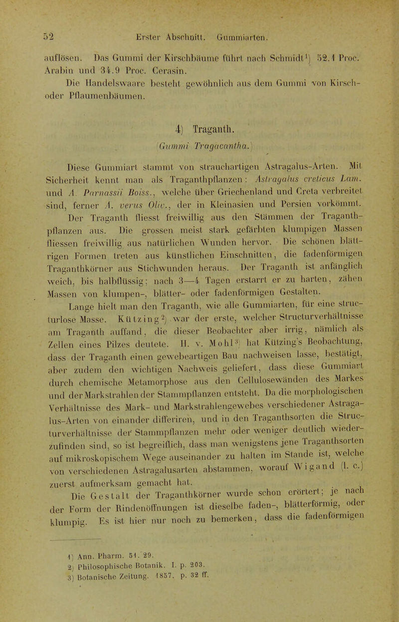 auflösen. Das Gummi der KirschbHume führt nach Schmidt') 52.1 Pioc. Arabin und 34.9 Proc. Cerasin. Die ?Iandelsvvaare besieht gewöhnlich aus dem Gununi von Kir.scii- oder Pflaumenbäumen. 4) Traganth. Gummi Tragacantha.) Diese Gummiarl stammt von strauchartigen y\stragalus-Ärten. Mit Sicherheit kennt man als Traganlhpflanzeu: Aslragahis crelicus Lcmi. und A. P(wnassü Boiss., w elche über Griechenland und Greta verbreitet sind, ferner A. verus Olic, der in Kleinasien und Persien vorkömmt. Der Traganth fliesst freiwillig aus den Stämmen der Traganth- pflanzen aus. Die grossen raeist stark gefärbten klumpigen Massen fliessen freiwillig aus natürlichen Wunden hervor. Die schönen blätt- rigen Formen treten aus künstlichen Einschnitten, die fadenförmigen Traganthkörner aus Stichwunden heraus. Der Traganth ist anfänglich weich, bis halbflüssig: nach 3—4 Tagen erstarrt er zu harten, zähen Massen von klumpen-, blätter- oder fadenförmigen Gestalten. Lange hielt man den Traganth, wie alle Guramiarten, für eine struc- turlose Masse. KützingV^var der erste, welcher Struclurverhältnisse am Traganth auffand, die dieser Beobachter aber irrig, nämlich als Zellen eines Pilzes deutete. II. v. MohP. hat Külzings Beobachtung, dass der Traganth einen gewebeartigen Bau nachw^eisen lasse, bestätigt, aber zudem den wichtigen Nachweis geliefert, dass diese Gummiart durch chemische Metamorphose aus den Cellulosewänden des Markes und der Markstrahlen der Stammpflanzen entsteht. Da die morphologischen Verhältnisse des Mark- und Markstrahlengewebes N crschiedener Astraga- lus-Arten von einander difieriren, und in den Traganthsorten die Struc- turverhältnisse der Stammpflanzen mehr oder weniger deutlich wieder- zufinden sind, so ist begreiflich, dass man wenigstens jene Traganthsorten auf mikroskopischem Wege auseinander zu halten im Stande ist, welche von verschiedenen Astragalusarten abstammen, worauf Wigand (l. c.) zuerst aufmerksam gemacht hat. Die Gestalt der Traganthkörner wurde schon erörtert; je nach der Form der Rindenöff-nungen ist dieselbe faden-, blätterförmig, oder klumpig. Es ist hier nur noch zu bemerken, dass die fadenförmigen Vi Ann. Pharm. 51. 29. 2] t^hilosopliische Botanik. I. p. 203. 3) Botanisctie Zeitung. 1857. p. 32 ff.