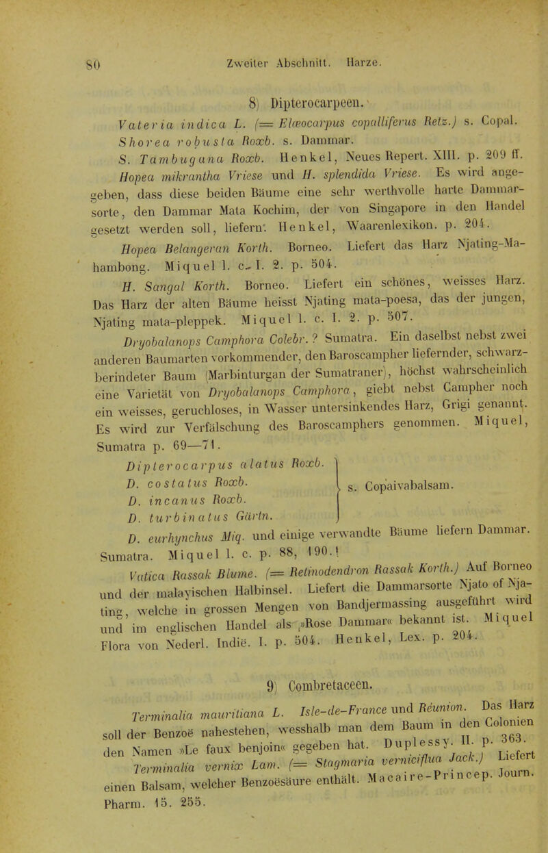 8) Dipterocarpeen. Vateria indica L. (— Ekeocarpus copalliferus Retz.) s. Copal. Shorea robusla Roxb. s. Dammar. S. Tambugana Roxb. Henkel, Neues Repert. XHI. p. 209 ff. Hopea mikrmtha Vriese und //. splendida Vriese. Es wird ange- geben, dass diese beiden Bäume eine sehr werlhvoUe harte Dannnar- sorte, den Dammar Mala Kochim, der von Singapore in den Handel gesetzt werden soll, liefern'. Henkel, Waarenlexikon. p. 204. Hopea Belangeran Korih. Borneo. Liefert das Harz Njating-Ma- hambong. Miquel 1. I. 2. p. 504. H. Scingal Korth. Borneo. Liefert ein schönes, weisses Harz. Das Harz der alten Bäume heisst Njating mata-poesa, das der jungen, Njating mata-pleppek. Miquel 1. c. 1. 2. p. 307. Dryobalanops Camphora Colebr. ? Sumatra. Ein daselbst nebst zwei anderen Baumarten vorkommender, den Baroscampher liefernder, schwarz- berindeter Baum (Marbinturgan der Sumatraner), höchst wahrscheinlich eine Varietät von Dryobalanops Camphora, giebt nebst Campher noch ein weisses, geruchloses, in Wasser untersinkendes Harz, Grigi genannt. Es wird zui^ Verfälschung des Baroscamphers genommen. Miquel, Sumatra p. 69—71. Diplerocarpus alatus Roxb. D. CO Status Roxb. D. incanus Roxb. D. turbinatus Gürt7i. D. eurhynchus Miq. und einige verwandte Bäume liefern Dammar. Sumatra. Miquel l. c. p. 88, 190.1 VaUca Rassak Blume. (= Relmodendron Rassak Korth.) Auf Borneo und der malayischen Halbinsel. Liefert die Dammarsorte Njato of Isja- tin- welche in grossen Mengen von Bandjermassing ausgeführt w.rd unS im englischen Handel als «Rose Dammar« bekannt ,st Miquel Flora von Nederl. Indie. I. p. 504. Henkel, Lex. p. 204. s. Copaivnbalsam. 9) Combretaeeen. rermimlia mauvUima L. Isle-de-France und Re««™«. Das Har^ soll der Ben.« nahestehen, wesshalb man dem Baum m den Colonen den Namen ,>Le faux benjoin« gegeben hat I>»P';;^ . [^'^^^^ einen Balsam, weleher Benzoesäure enthalt. Maca.re-Pr.ncep. Journ. Pharm. 15. 255.
