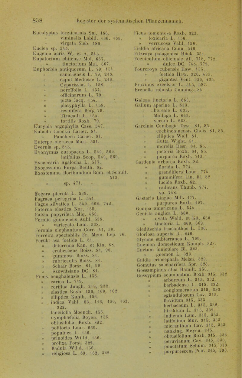 liuciil>|iUi.s lorcUcornis öm. 186.  viminalis Labill. 186. ISS. » virgata Siel). 186. Kuclea sp. 545. Kugenia acris W.. et A. 54 5. Eupaloriiini chilensc Mol. 667. » lincloriiini Mol. 667. Eupliorbla anliciuoriiin L. 79, 154. » caiiai ieiisis L.'79, !21S. ') capul Mediisae L. 21 ö. » Cyparissias L. 158. » iiereilojia L. 154. » officinarum L. 79. >i picta Jacq. 154. » platyphylla L. 158. » resinifera Berg 79. Tirucalli L. 154. >> torlllis Roxi). 79. Etuybia argopliylla Gass. 54 7. Eutacta Coockii Carier. 84. » Pancheiii Carier. 84. Eulcrpc oleracea Marl. 551. Evernia sp. 813. Evonymu.s curopacus L. 540, 509. » lalil'olius Scop. 540, 569. Excoccaria Agaloclia L. 547. Exogossium Piirga Heiilli. 8ä. Exostemma tloriljundum Röni. cl .'^cliull. 543. » sp. 471. Fagara plcrola L. 539. b'agraea peregrina L. 544. I'agus silvatica L. 549, 602, 742. i'ateriia claslica >Jor. 155. Kalsia papyrilcra Miq. 4 60. Kerolia giiiaiiensis Aubl. 538. » varicgata Laii). 538. l-'cronia olephaiituin Corr. 41, 50. Ferreira spcclabilis l'r. Mein. Lop. 76. Ferula a.sa t'oelitla L, 81. » delerriiua Kan. ol Kiii. SS. » erubescens Boiss. 8 1, 90. » gummosa Boiss. 81. » i'ubricaulis Boiss. 81. » Scliair Borsz. 81, 90. w Szowitsiana ÜC. 81. Kicus benghalensis L. 156. » carica L. 749. » ceriflua Jungli. 218, 232. » clastica Roxb. 156, 160, 162. 1) clliptica Kunlh. 156. .) indica Vahl. 83, 116, 136, 162, 322. >) lancilblia Mocnch. 156. » MyiiipluBlblia Royeii. 156. 1. obtusifolia. Roxb. 322. » poliloria Lour. 669. » populnea L. 156. » prinoides Wilid. 156. » prolixa Foi-sl. 322. Radula Willd. 156. » religiosa L. 83, 162, 322. l''iciis loiiiciilosa Roxb. 322. » loxiearia L. 156. » verrucosa Vahl. 156. Fieldia africaua Cuim. 546. {•'itzroya palagoiiica Hrtok. 551. Fociiiculum olliciiialc All. 748, 772. dulcc DG. 74 8, 772. Fourcroya cuberisis Iluw. 435. » foelida Ilaw. 326, 43.i. » gigaiilea Venl. 326, 4 35- Fraxiiius excclsior L. 54 5, 587. Frcuella robusta Guniiiiig.- 84. ttale^a lincloria L. 660. Galium aparine L. 633. » - borcalc L. 633. >> Mollugo L. 633. » vciuin L. 633. üarclnia Cauibogia Desr. 81, 85. » cocliiuchineiisis Gliois. 81, 85 » elliplica Wall. 81. .) Gutta Wighl. 81. » morella Desr. 81, 85. » picloiia Roxb. 81, 85. M purpurea Roxb. 712. Gardeuia arborea Roxb. 82. 1) llorida L. 774. » grandillora Lour. 774. ji gummil'era Lin. Iii. 82. ,) lucida Roxb. 82. )» radicans Thunb. 774. » sp. 748. Gasleria Lingua Mill. 177. » purpurea Roxb. 197. Gcnipa americana L. 544. Gcnista anglica L. 660. » ovata Wald, et Kit. 660. tincloria L. 660, 669. Glcdilscliia triacanUios L. 536. lUoriosa superba L. 246. Glycine subterranca L. 709. Gnemon domcsticum Ruin|)li. 323. Gnelum funicularc Bl. 323. ), gnemon L. 323. Gnidia erioccpliala Mcisu. 320. Gouiutus saccbarifera Spr. 325. Gossampinus alba Hamilt. 350. Gossypium acuminatum Roxb. 315, 332 » arboreum L. 31 5, 332. » barbadense L. 315. 332. » conglomeratum 315, 333. M eglandulosum Cav. 315. ,) llavidum 315, 333. » berbaceum L. 315, 332. » hirstitum L. 315, 332. » indicum Lani. 315, 333. >, latit'oliuni Mur. 315, 333. » micranthum Cav. 315, 333. » nanking. Meyen. 315. » oblusifolium Ro.vb. 315, 333. ), pcruvianum Cav. 315, 333. ,, punctaluni bchum. 315, 333. » purpurescens Poir. 315, 333.